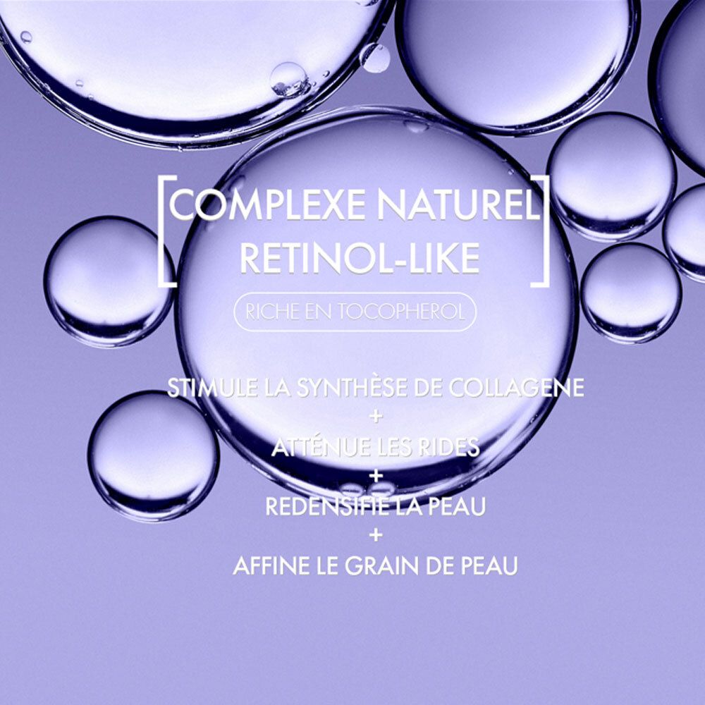 Nahaufnahme von Blasen mit Text: Complexe naturel retinol-like. Text: Stimuliert die Kollagensynthese, mildert Falten, verdichtet die Haut.