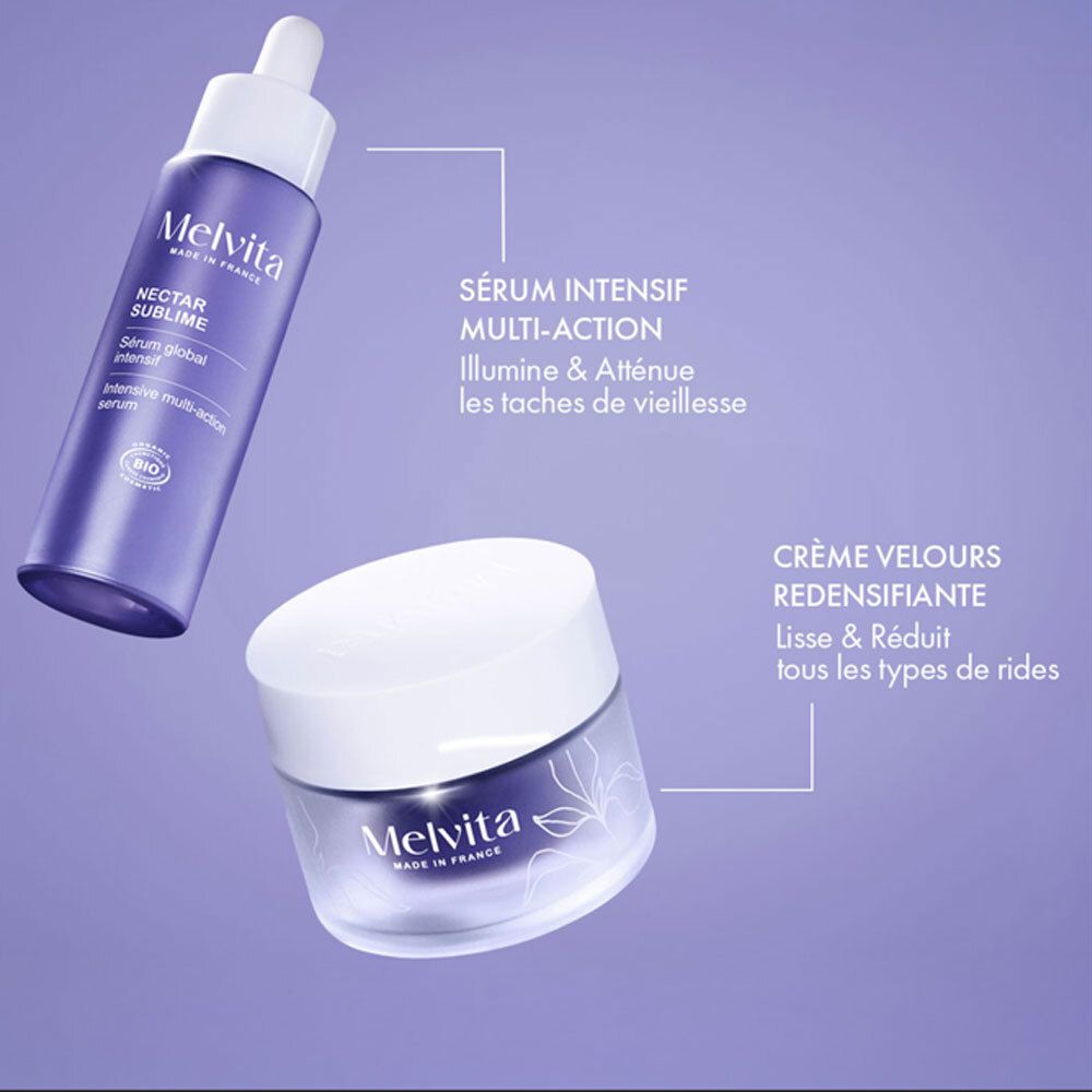 Melvita Nectar Sublime Serumflasche und eine Melvita Creme.