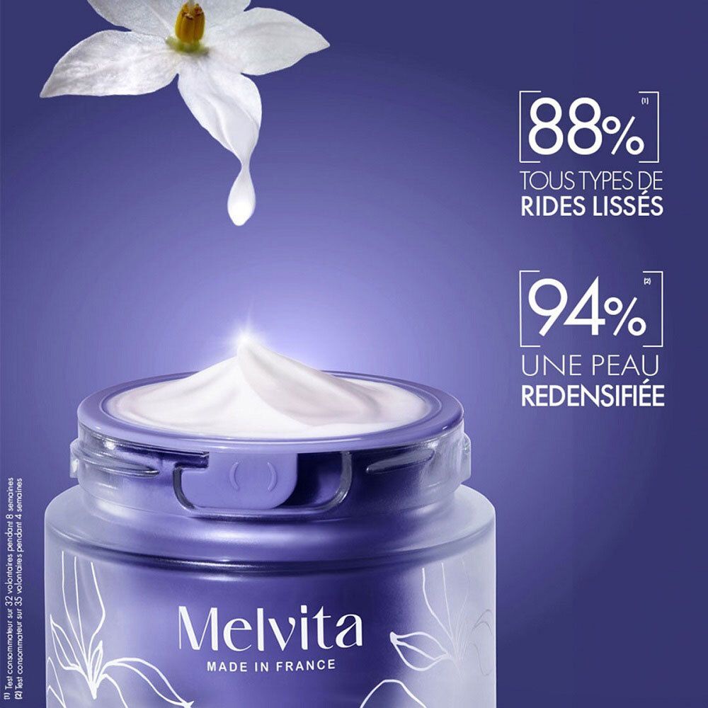 Creme-Tiegel mit weißem Deckel. Melvita, Made in France. Text: 88% aller Falten geglättet, 94% Haut verdichtet.