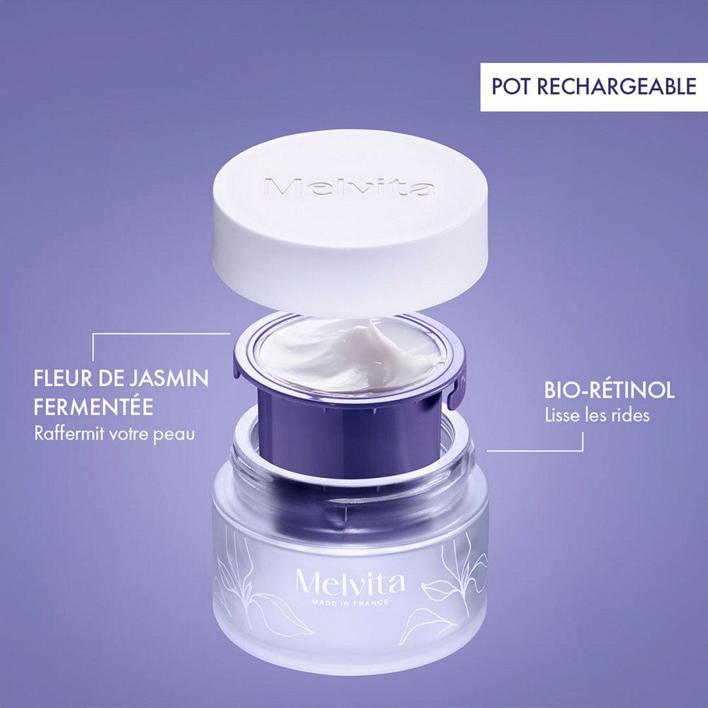 Zerlegter Creme-Tiegel. Text: Bio-Retinol, Raffermit Ihre Haut, Fleur de Jasmin fermentée.