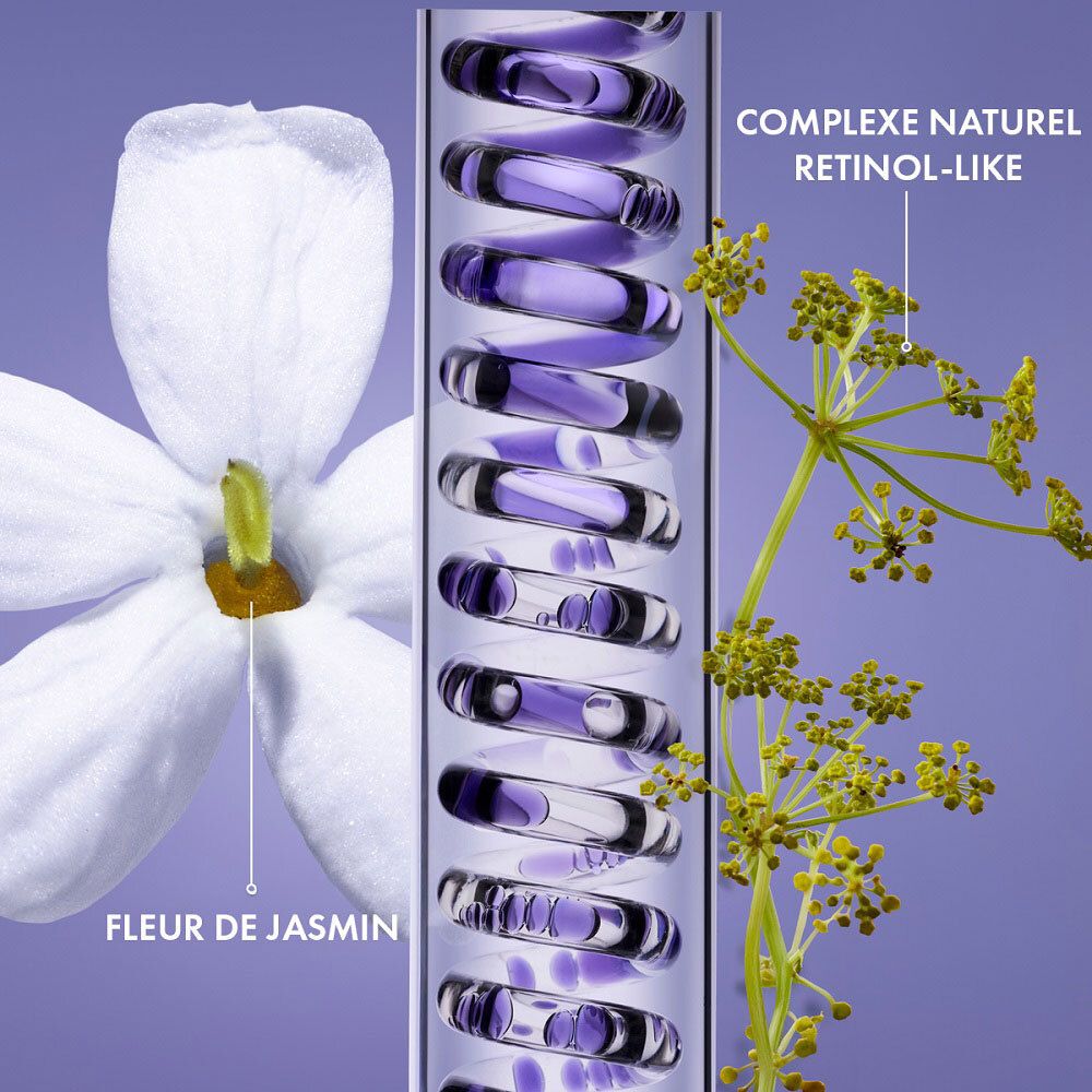 Abbildung von Jasminblüten und einer Spirale. Text: Complexe naturel retinol-like.