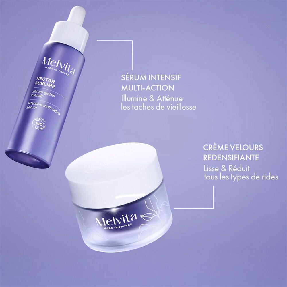 Serum und Creme-Tiegel. Text: Sérum intensif multi-action, Crème velours redensifiante.