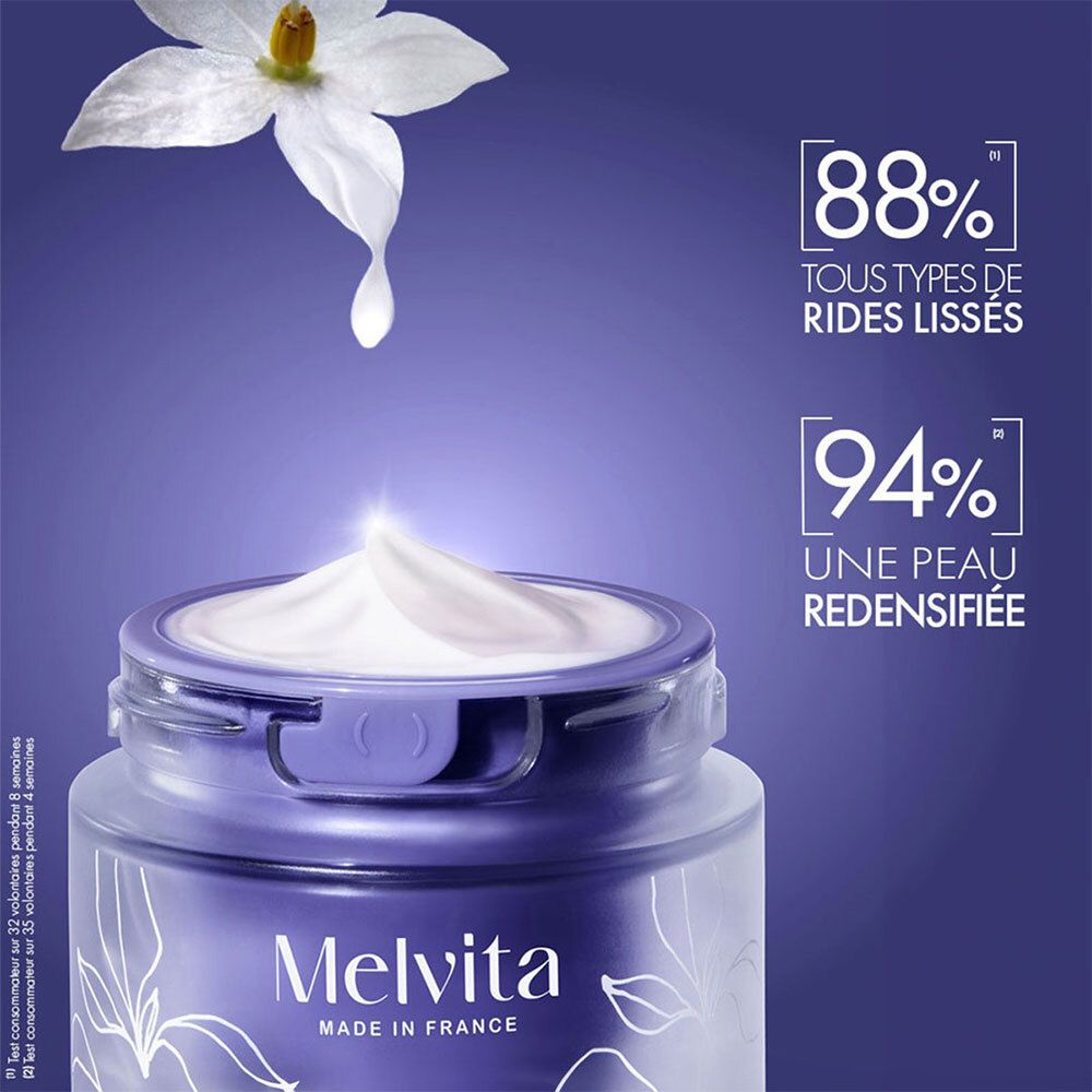 Glasbehälter mit Creme, Melvita-Logo. Text: 88% aller Falten geglättet, 94% Haut verdichtet.