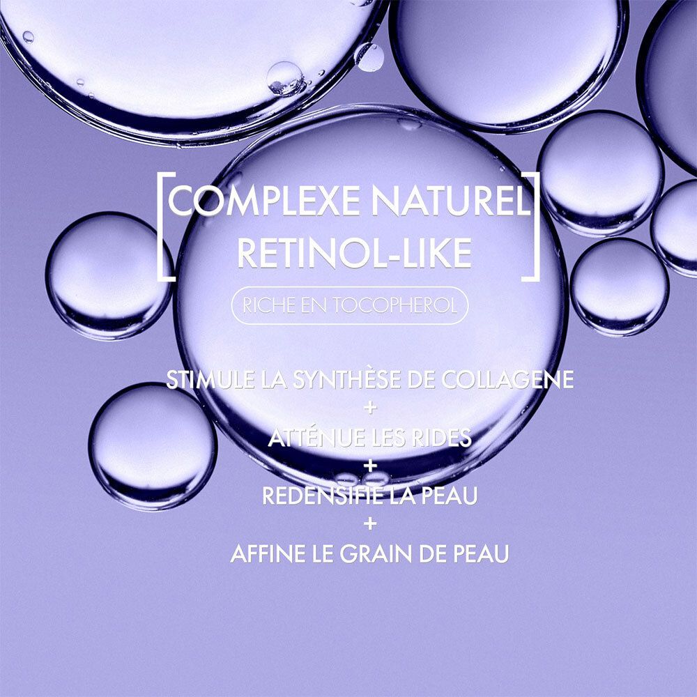 Blasen mit Text: Natürlicher Retinol-Komplex. Stimuliert Kollagensynthese, mildert Falten.