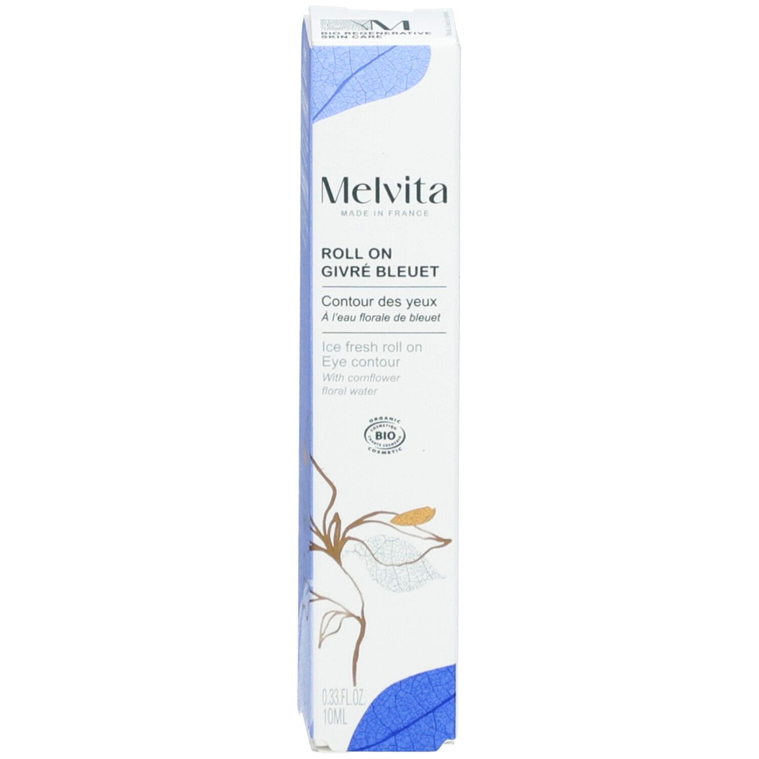 Weisse Schachtel mit blauem Design. Text: Roll-On Givré Bleuet, Bio-Zertifizierung, 10 ml.