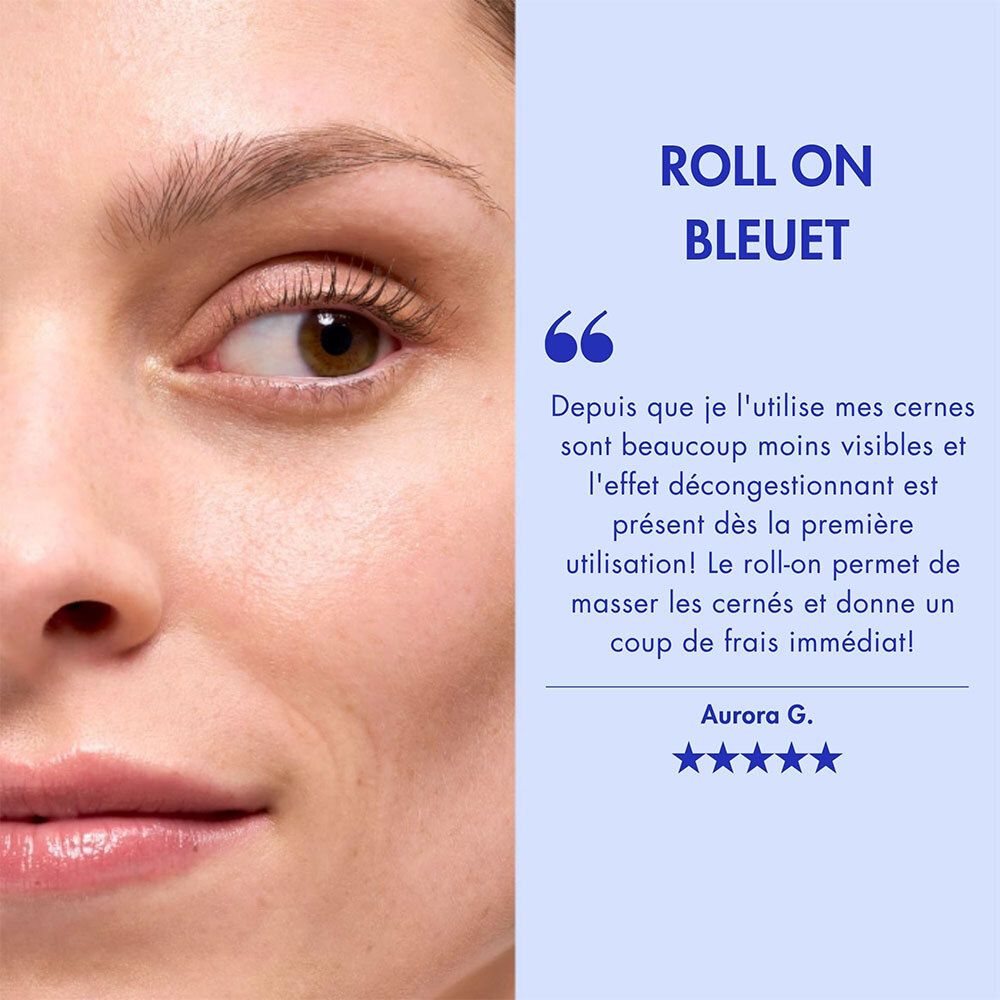 Nahaufnahme eines Auges mit Melvita Roll-On mit Kornblumenwasser.