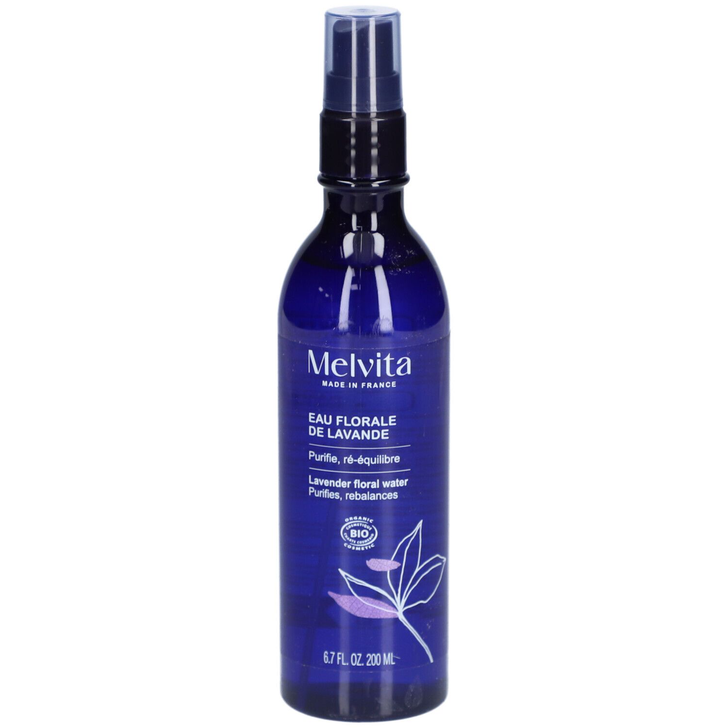 Flacon bleu avec vaporisateur noir. Inscription: Eau Florale de Lavande. Certification bio.