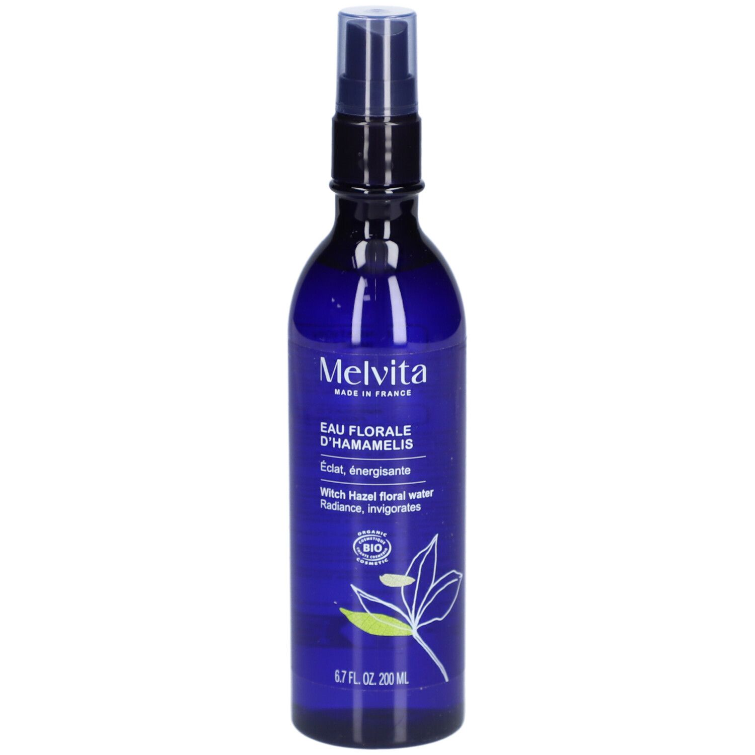 Blauwe fles met verstuiver. Opschrift: Melvita, Eau Florale d'Hamamelis. Bio-certificering. 200 ml.
