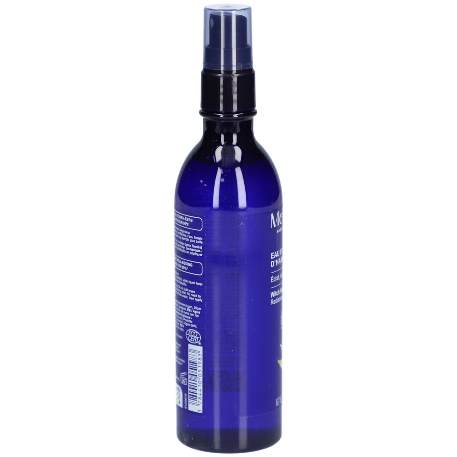 Blauwe fles met verstuiver. Opschriften en tekst op de achterkant. Bio-certificering. 200 ml.