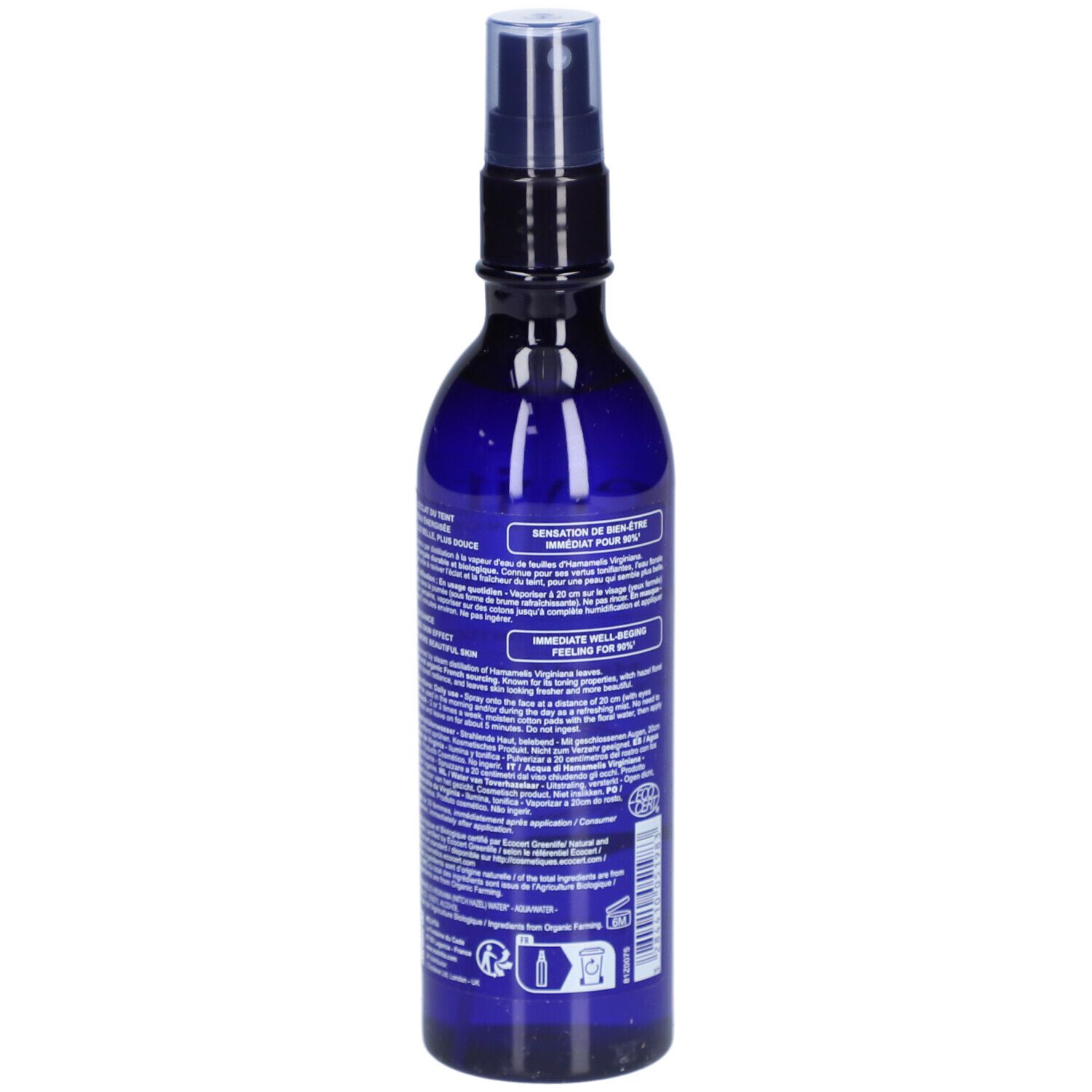 Blauwe fles met verstuiver. Tekst op de achterkant. Bio-certificering. 200 ml.