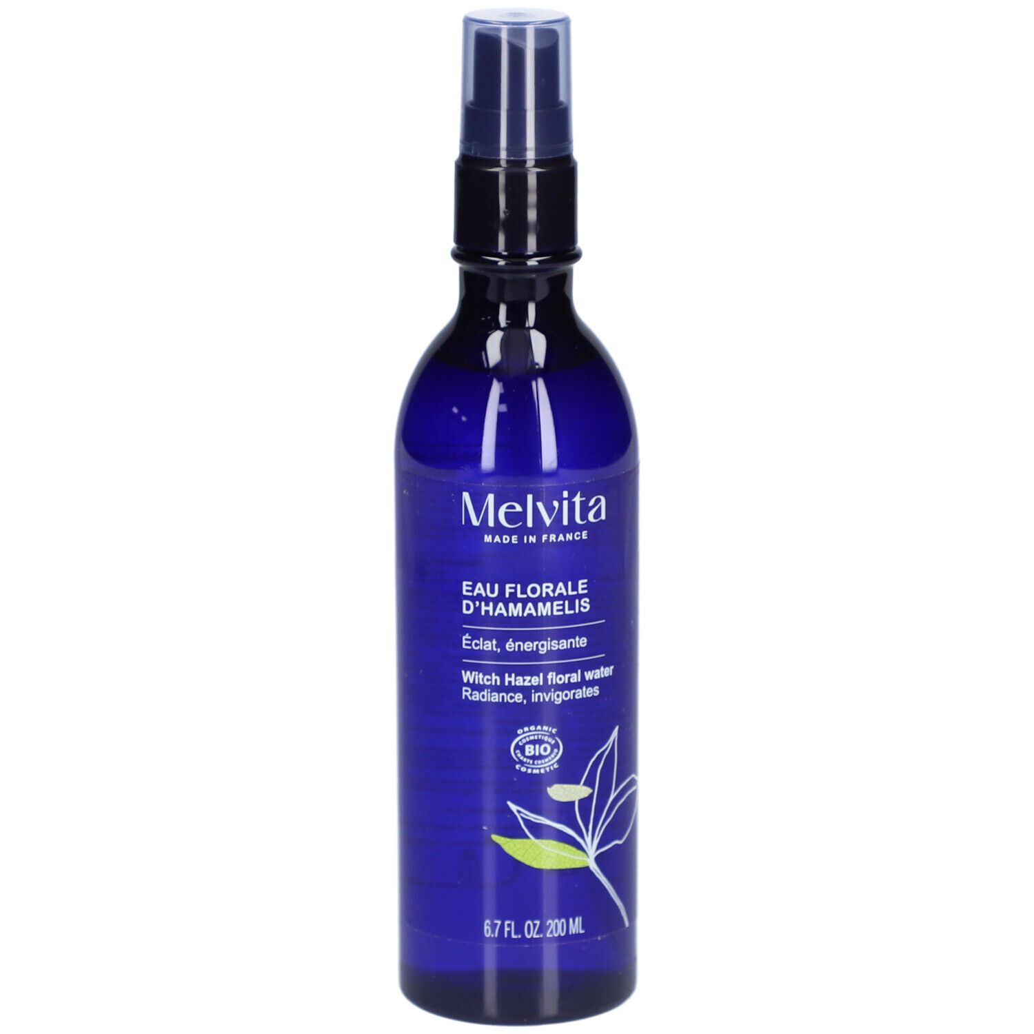Blauwe fles met verstuiver. Opschrift: Melvita, Eau Florale d'Hamamelis. Bio-certificering. 200 ml.