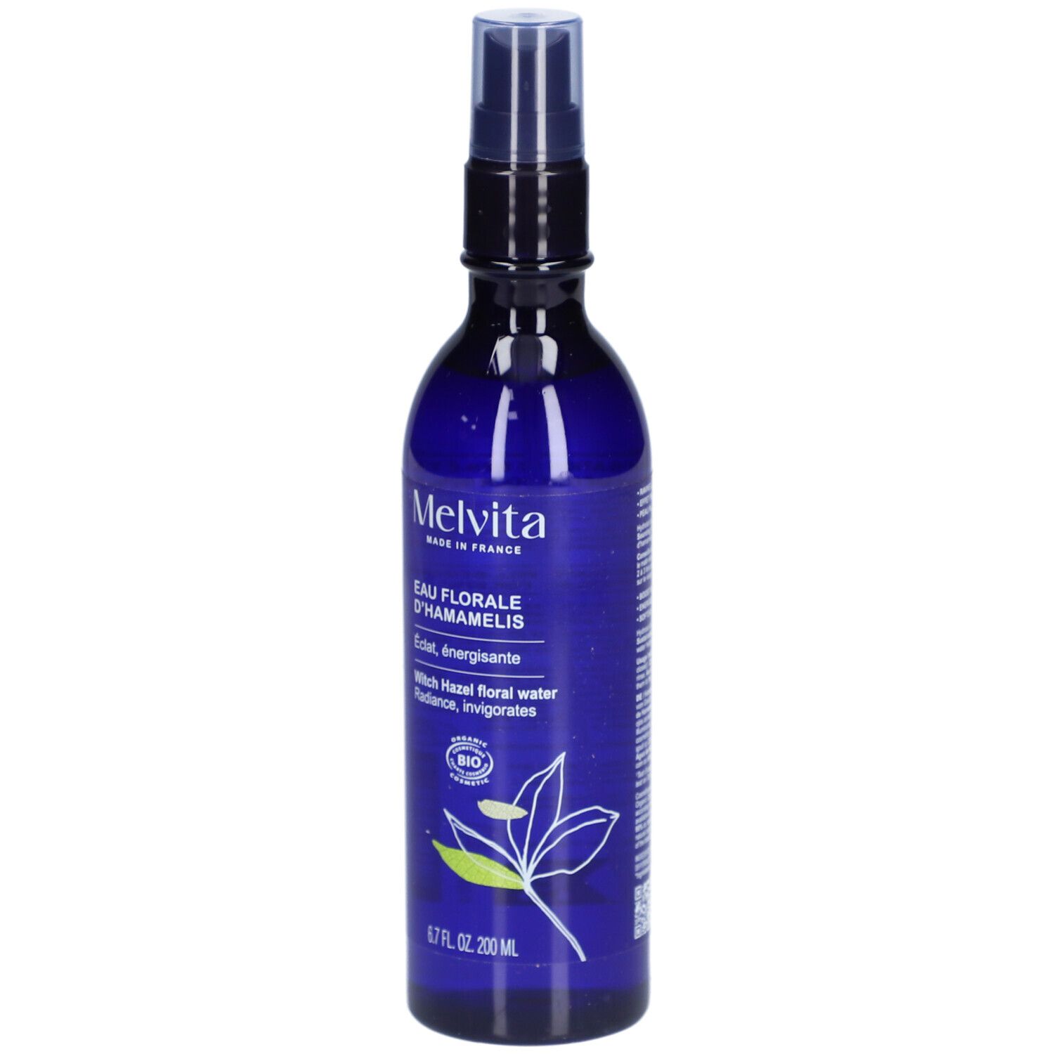 Blauwe fles met verstuiver. Opschrift: Melvita, Eau Florale d'Hamamelis. Bio-certificering. 200 ml.