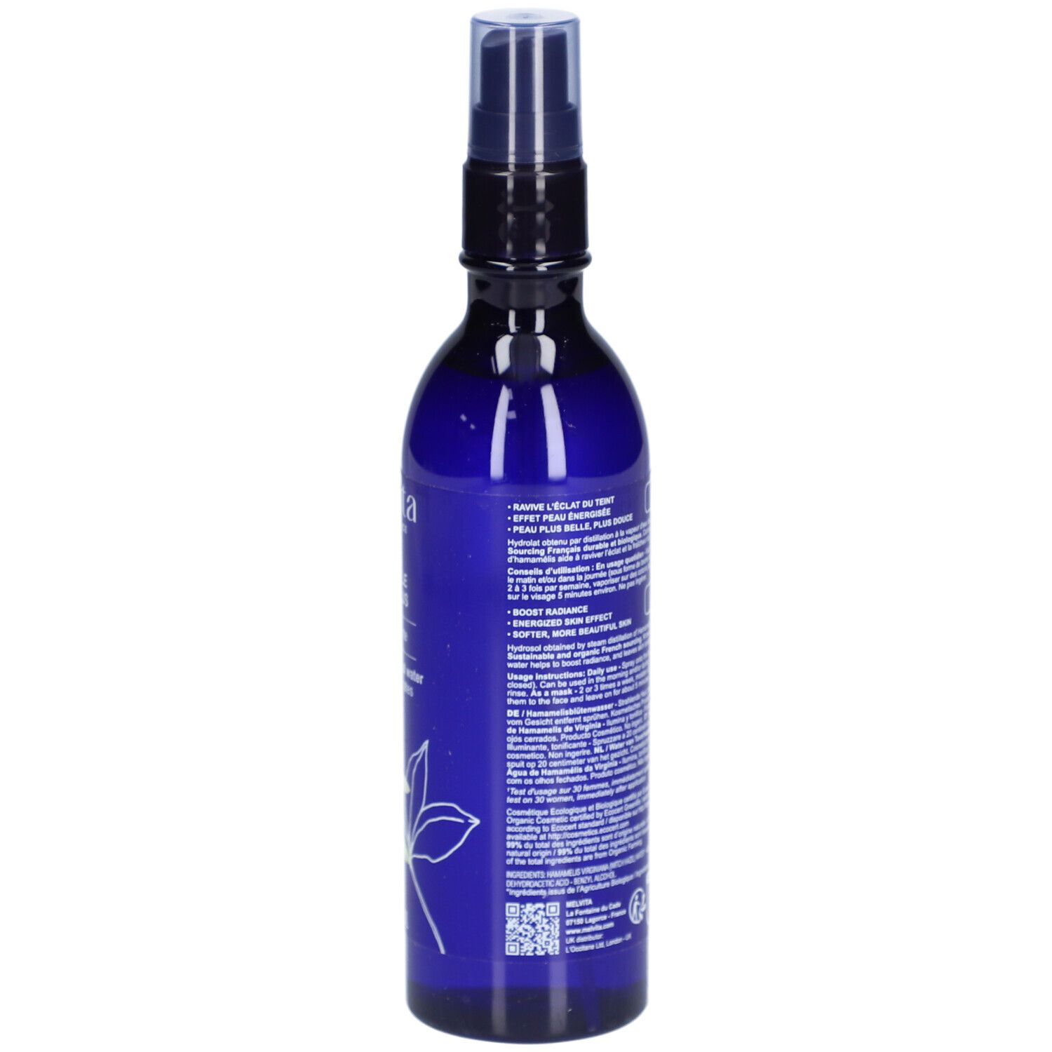 Blauwe fles met verstuiver. Tekst op de achterkant. Bio-certificering. 200 ml.