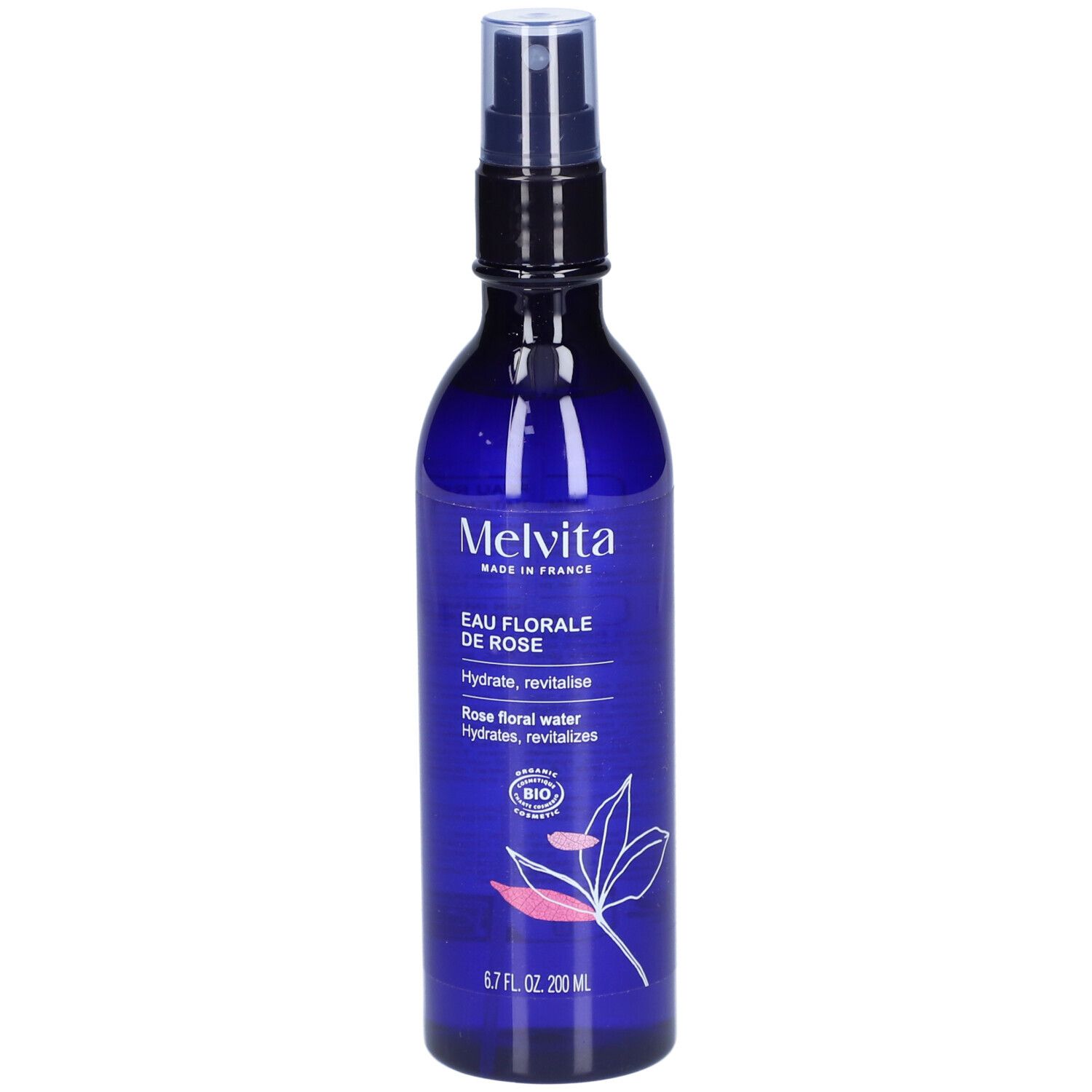 Flacon bleu avec vaporisateur. Inscription: Melvita, Eau Florale de Rose. Certification bio.