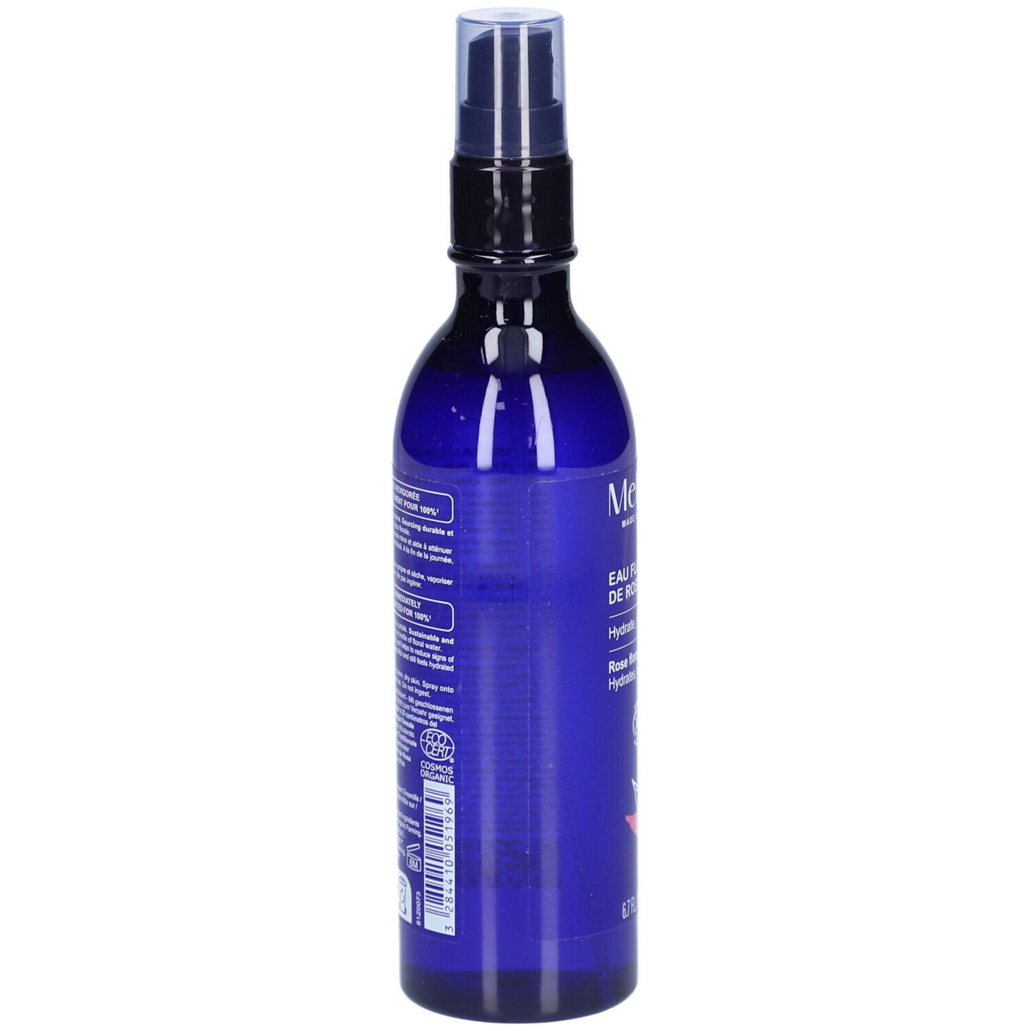 Flacon bleu avec vaporisateur. Inscription: Melvita, Eau Florale de Rose. Certification bio.