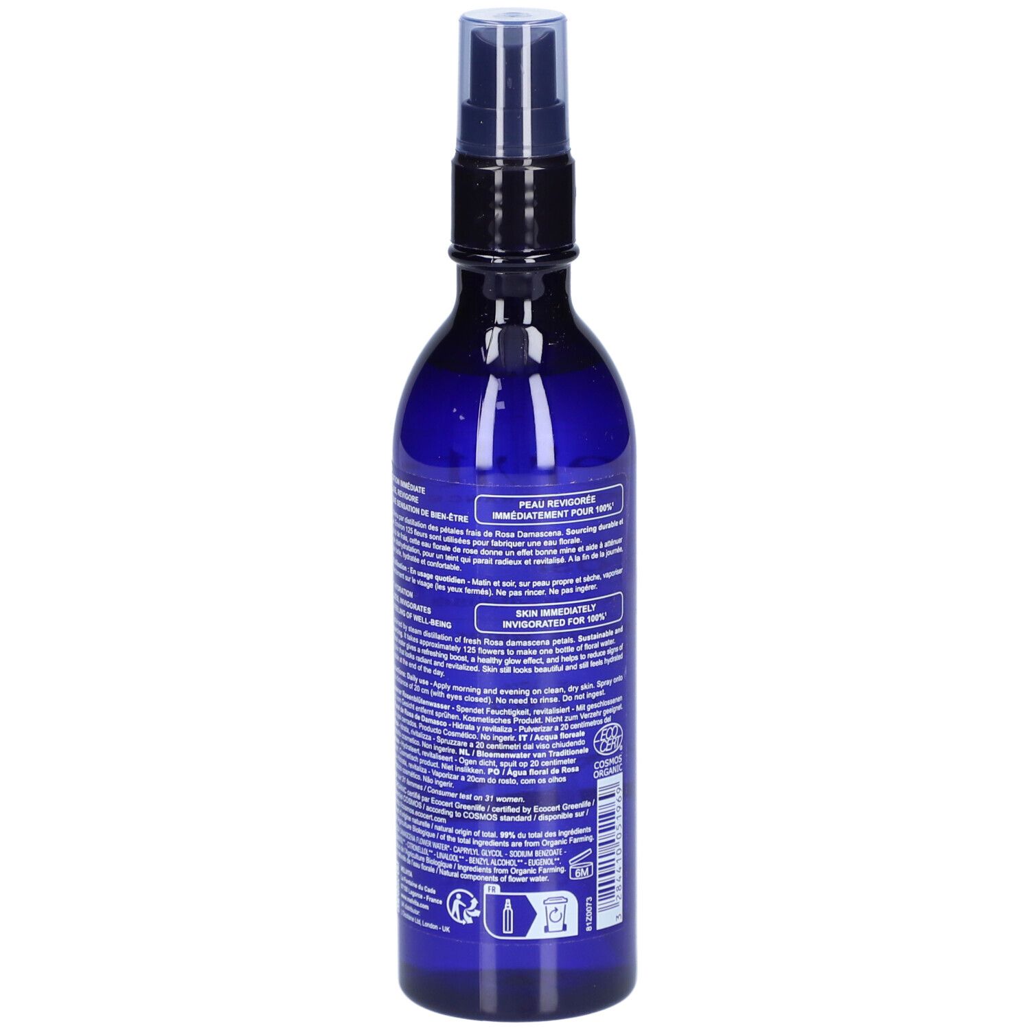 Flacon bleu avec vaporisateur. Inscription: Melvita, Eau Florale de Rose. Certification bio.
