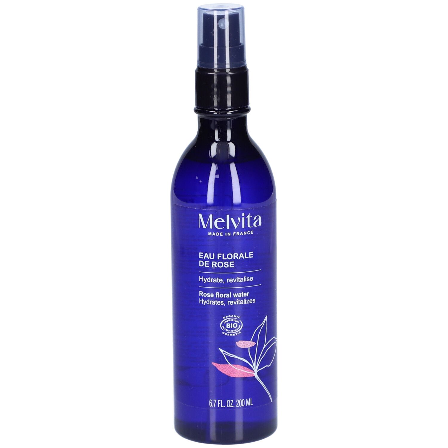 Flacon bleu avec vaporisateur. Inscription: Melvita, Eau Florale de Rose. Certification bio.