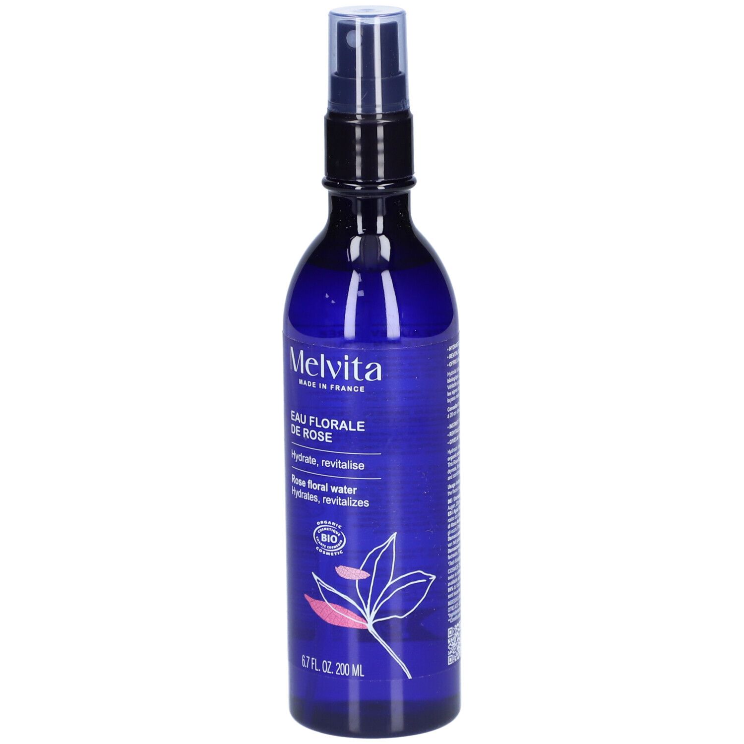 Flacon bleu avec vaporisateur. Inscription: Melvita, Eau Florale de Rose. Certification bio.