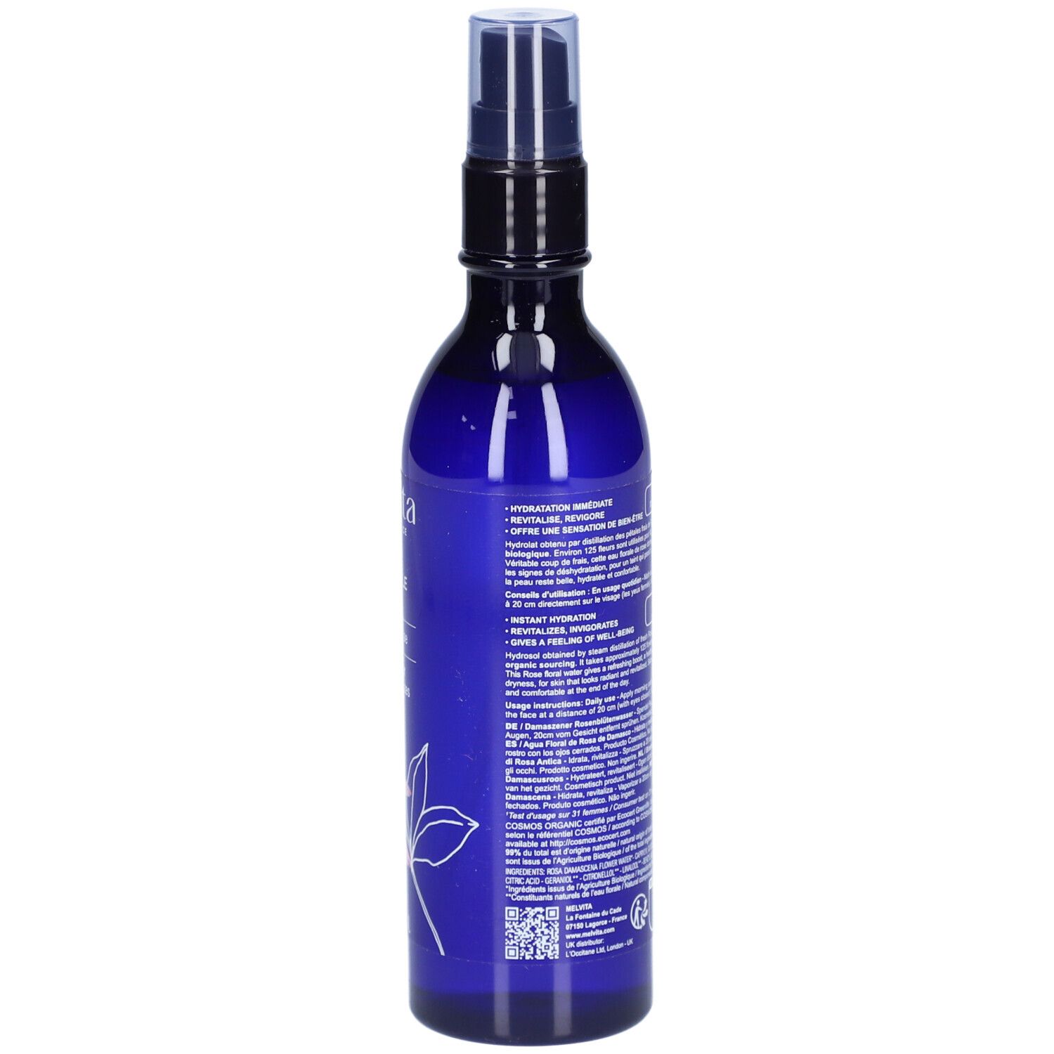 Flacon bleu avec vaporisateur. Inscription: Melvita, Eau Florale de Rose. Certification bio.