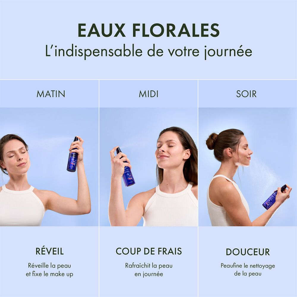 Drei Frauen verwenden das Produkt zu verschiedenen Tageszeiten. Text: Eau Florale.