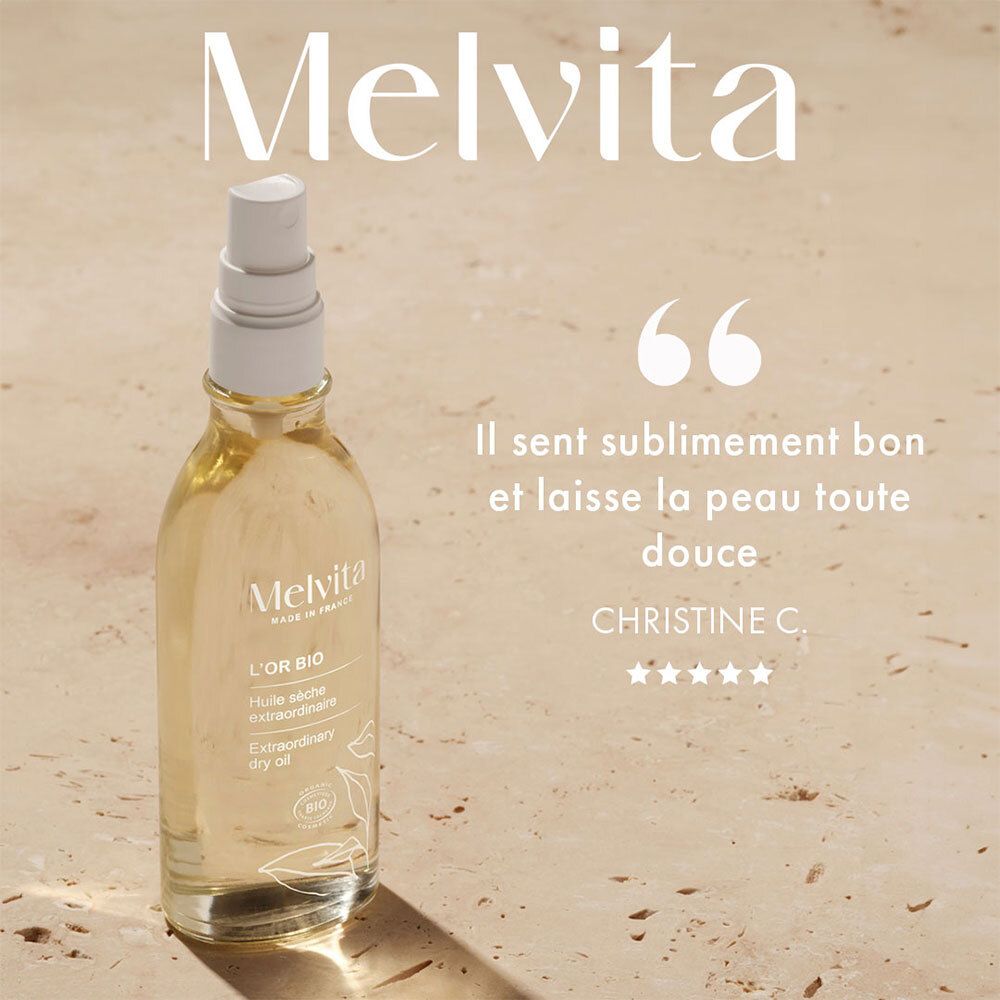 Melvita L'Or Bio Flasche. Zitat: Es riecht wunderbar und macht die Haut ganz weich.