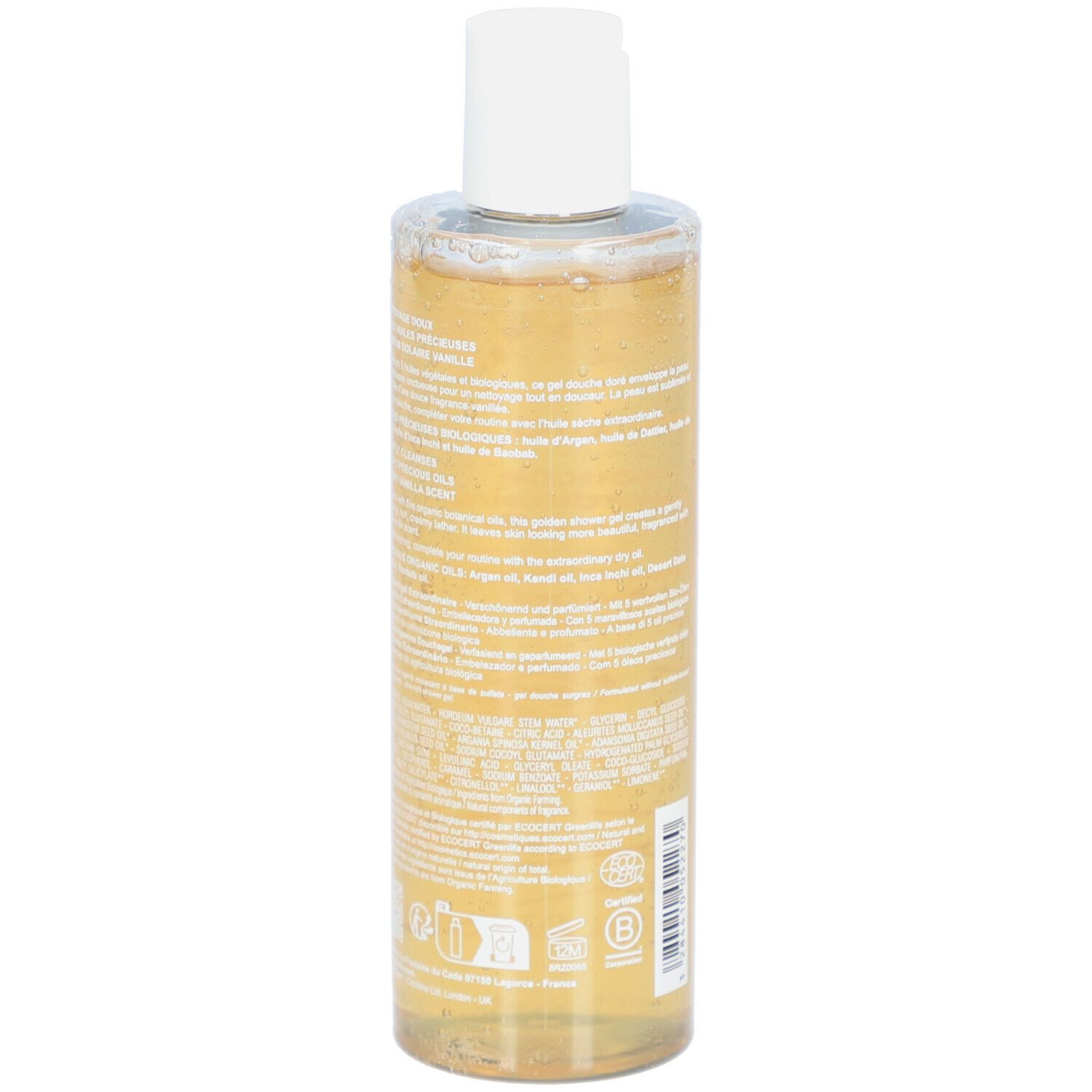 Rückseite der Melvita L'Or Bio Gel Douche Extraordinaire Flasche. Text, Inhaltsstoffe und Logos auf transparentem Behälter.