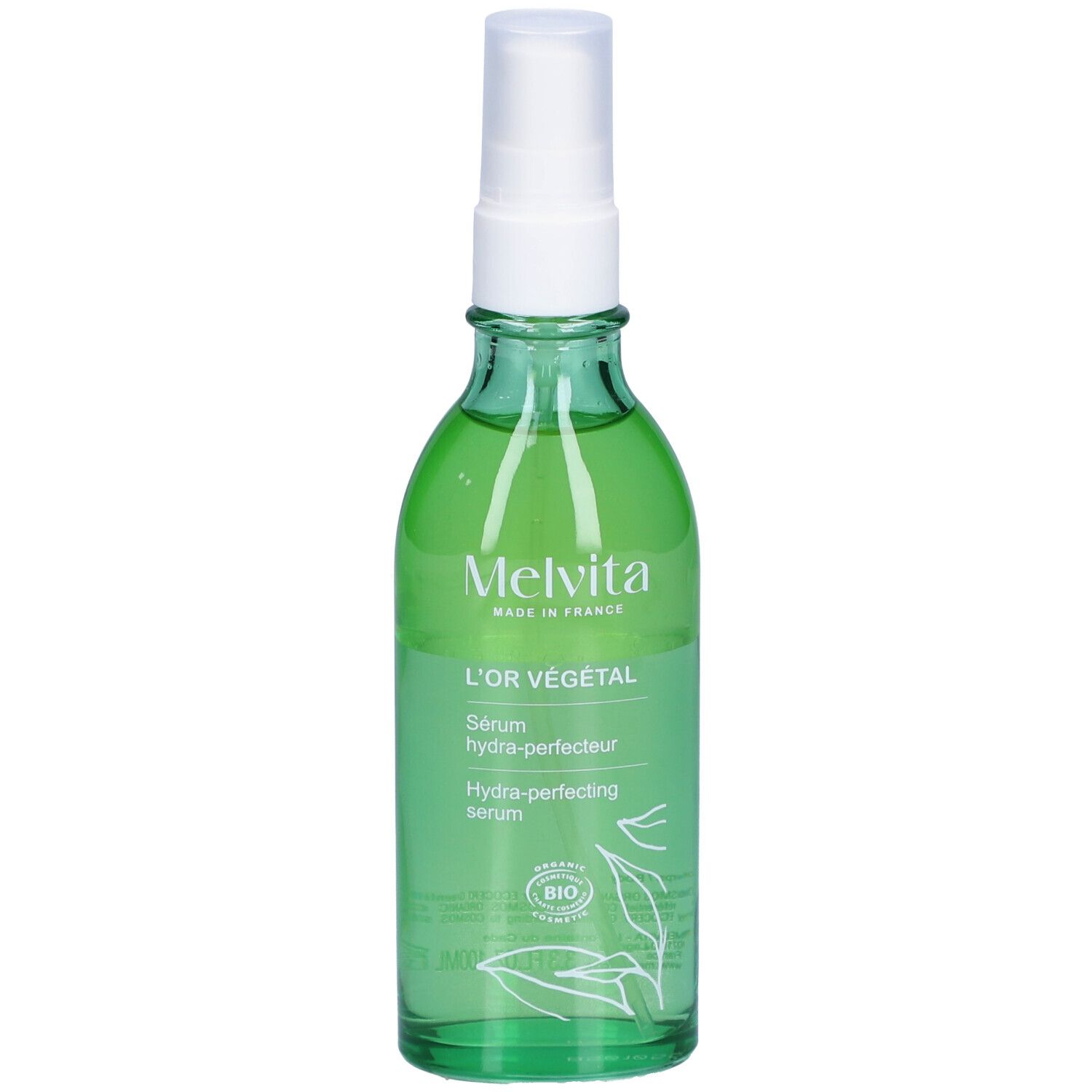 Flacon en verre vert avec vaporisateur. Inscription : L'OR VÉGÉTAL, Sérum hydra-perfecteur, Hydra-perfecting serum. Certification bio.