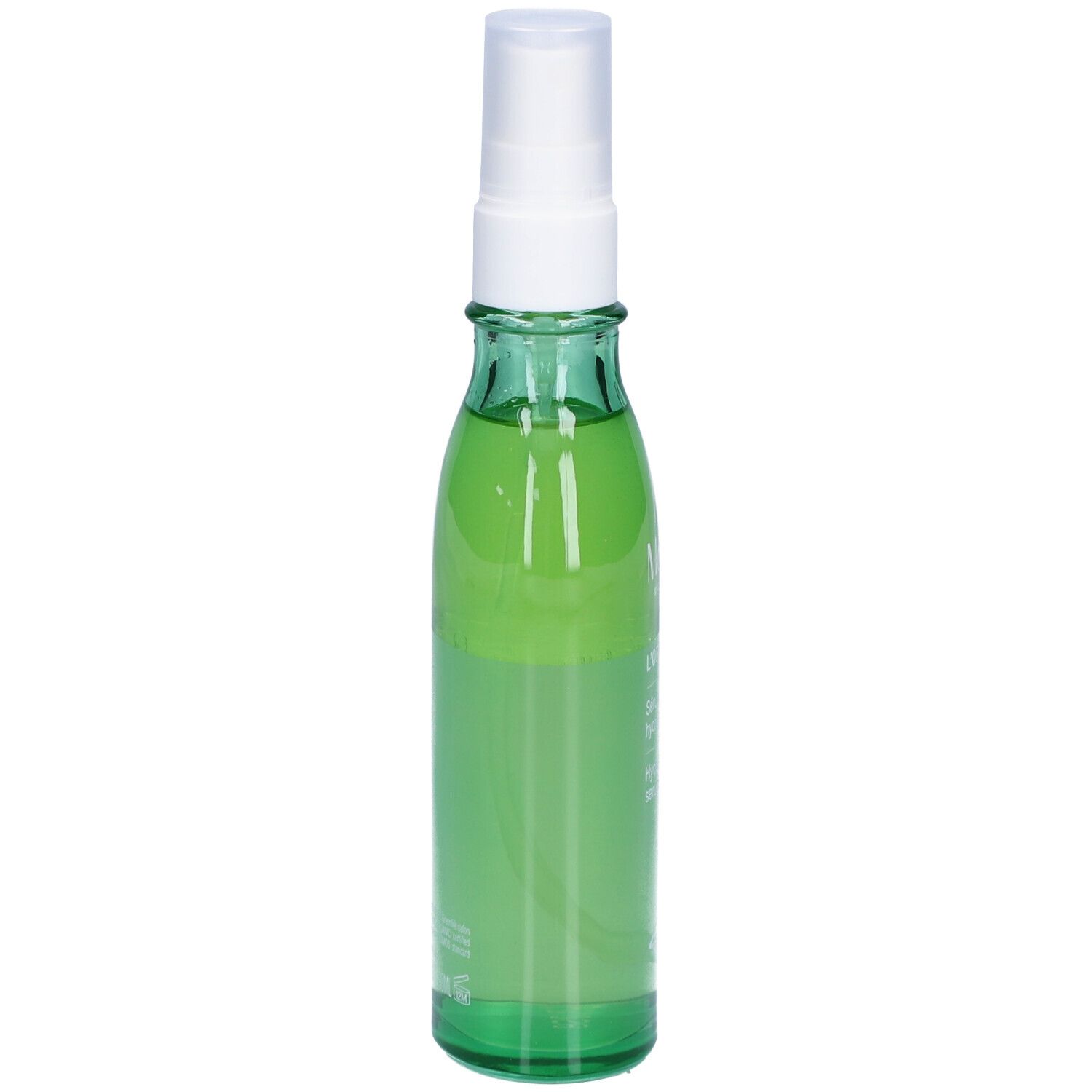 Flacon en verre vert avec vaporisateur. Inscription : L'OR VÉGÉTAL, Sérum hydra-perfecteur, Hydra-perfecting serum. Certification bio.
