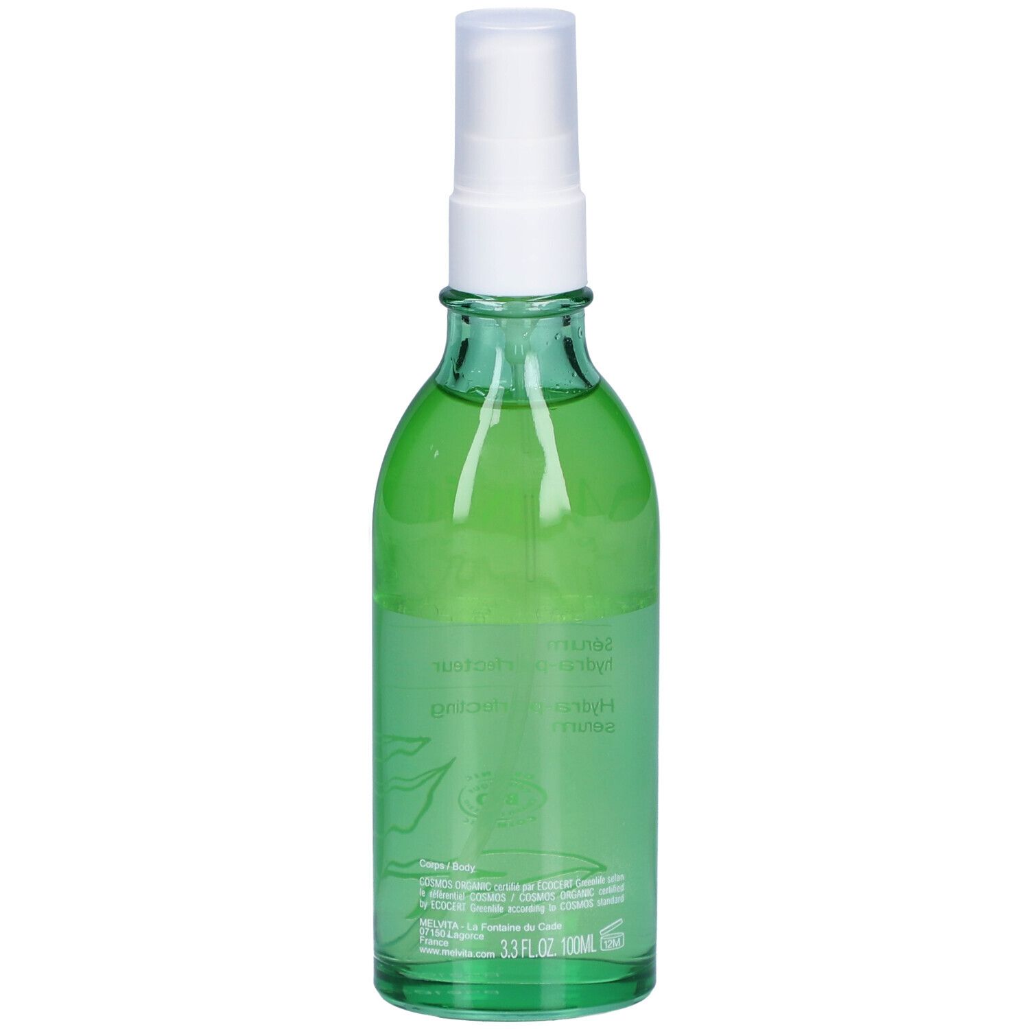 Flacon en verre vert avec vaporisateur. Inscription : L'OR VÉGÉTAL, Sérum hydra-perfecteur, Hydra-perfecting serum. Certification bio.