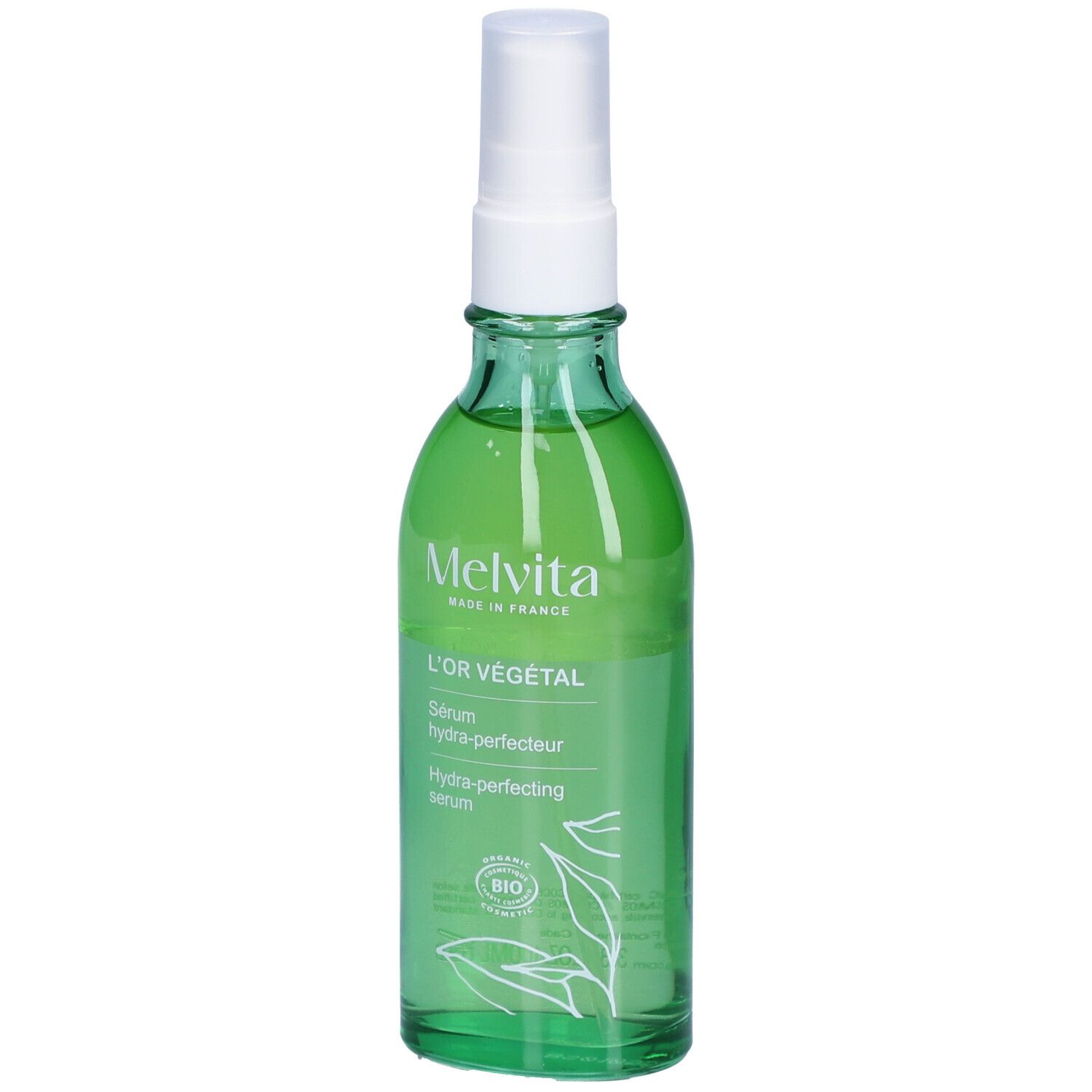 Flacon en verre vert avec vaporisateur. Inscription : L'OR VÉGÉTAL, Sérum hydra-perfecteur, Hydra-perfecting serum. Certification bio.