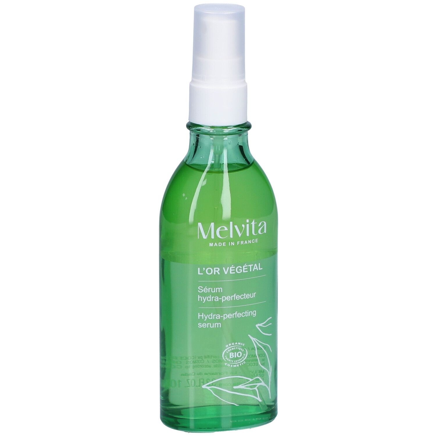 Flacon en verre vert avec vaporisateur. Inscription : L'OR VÉGÉTAL, Sérum hydra-perfecteur, Hydra-perfecting serum. Certification bio.