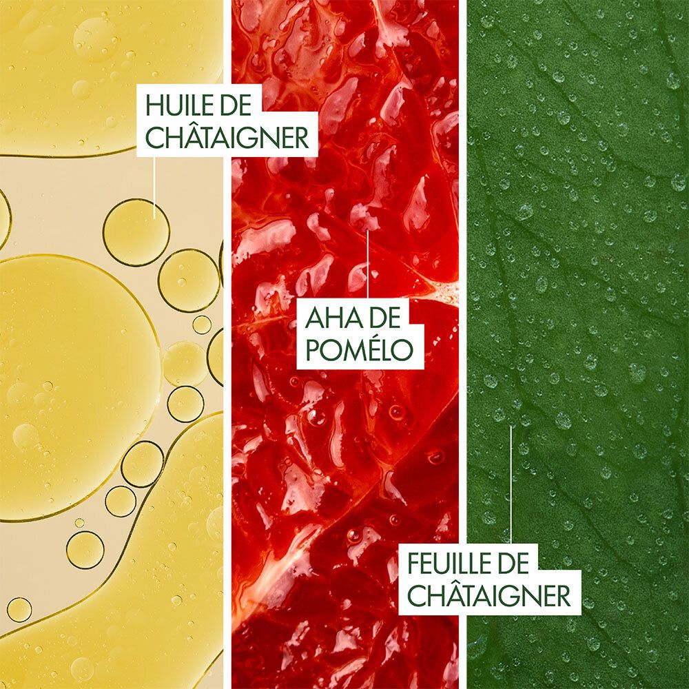 Nahaufnahme von Inhaltsstoffen. Öl, rotes Fruchtfleisch, Blatt. Text: Kastanienöl, Grapefruit-AHA, Kastanienblatt.