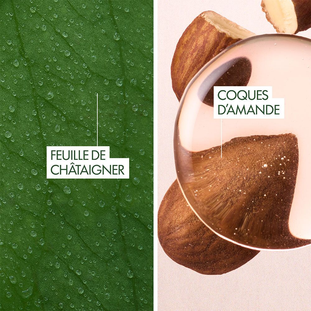 Blatt und Mandel-Öl. Text: Feuille de châtaigner, Coques d'amande.