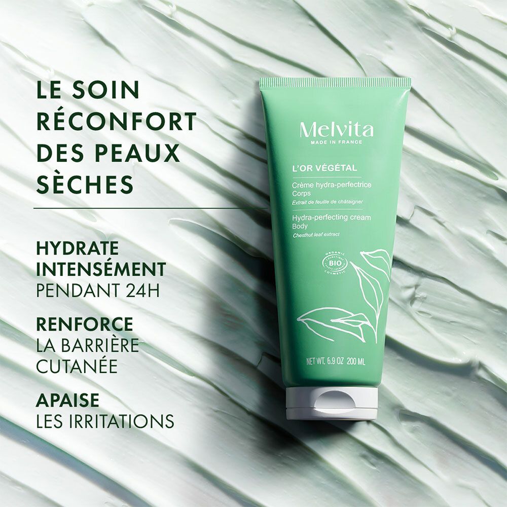 Grüne Creme auf hellem Hintergrund. Text: Le soin réconfort des peaux sèches, Hydrate intensément pendant 24h.