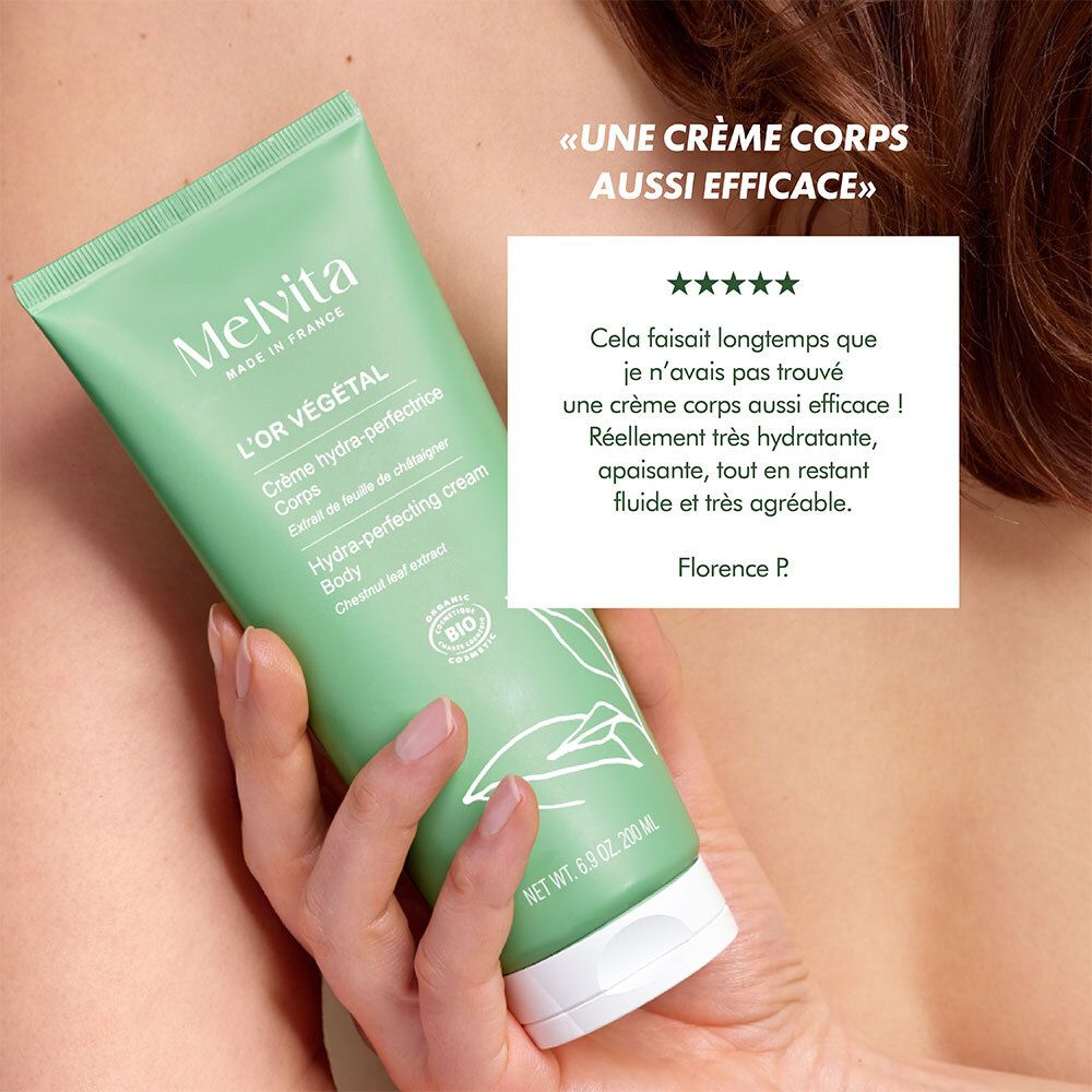 Grüne Tube in einer Hand. Text: Une crème corps aussi efficace. Zitat von Florence P.