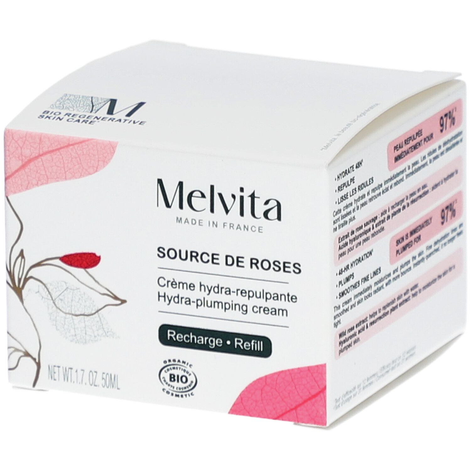 Boîte blanche avec nom et logo du produit. Contient du texte en français et un label cosmétique bio.