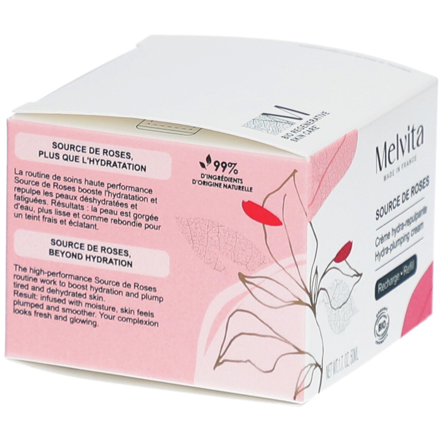 Boîte avec nom du produit et texte. Contient du texte en français et un logo pour ingrédients naturels.
