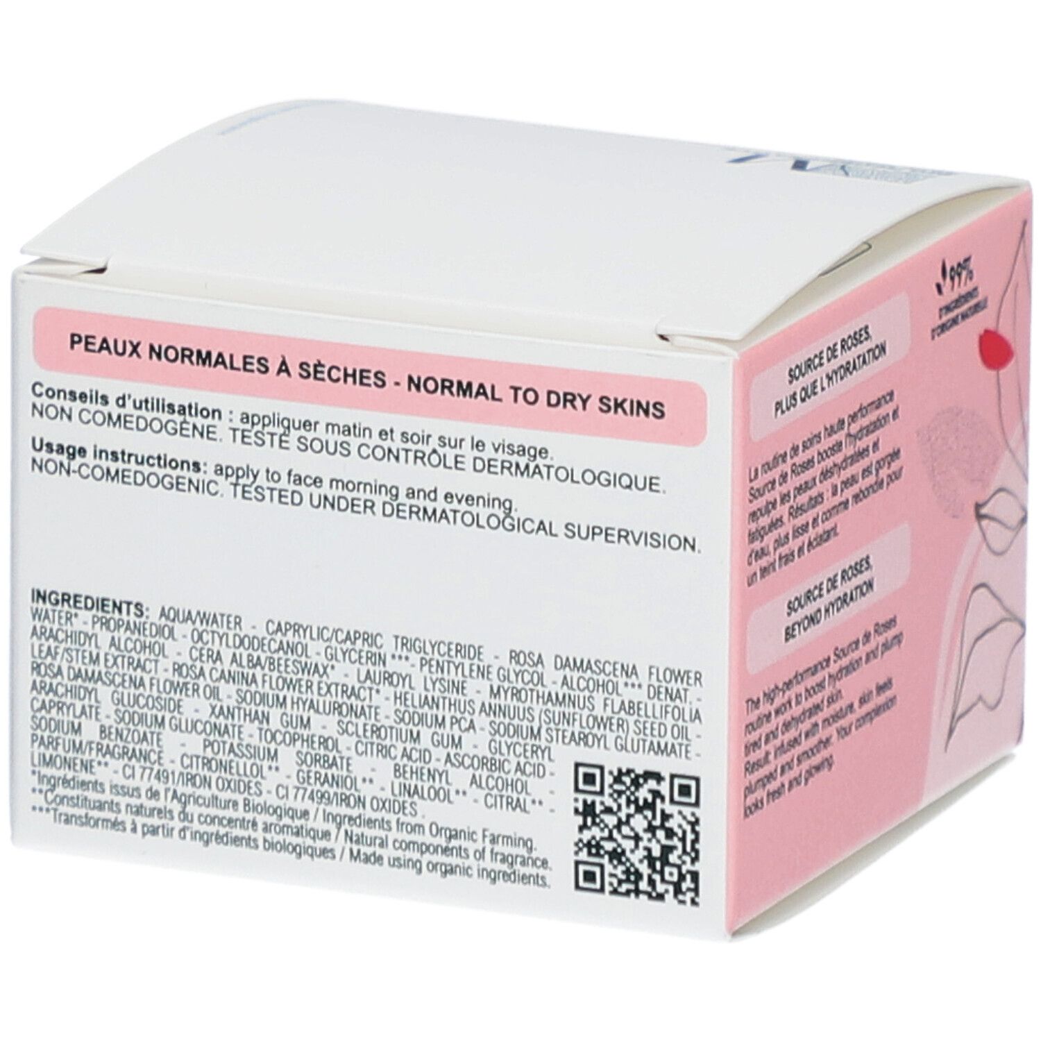 Boîte avec nom du produit et liste d'ingrédients. Contient du texte en français et un code QR.