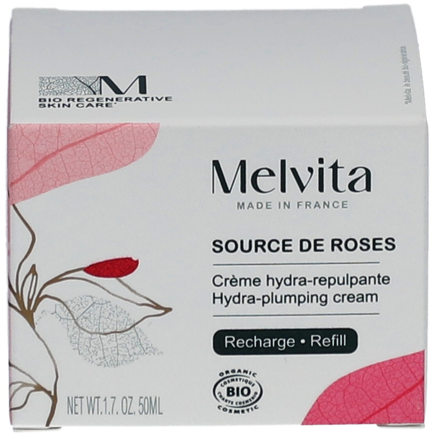 Boîte blanche avec nom et logo du produit. Contient du texte en français et un label cosmétique bio.