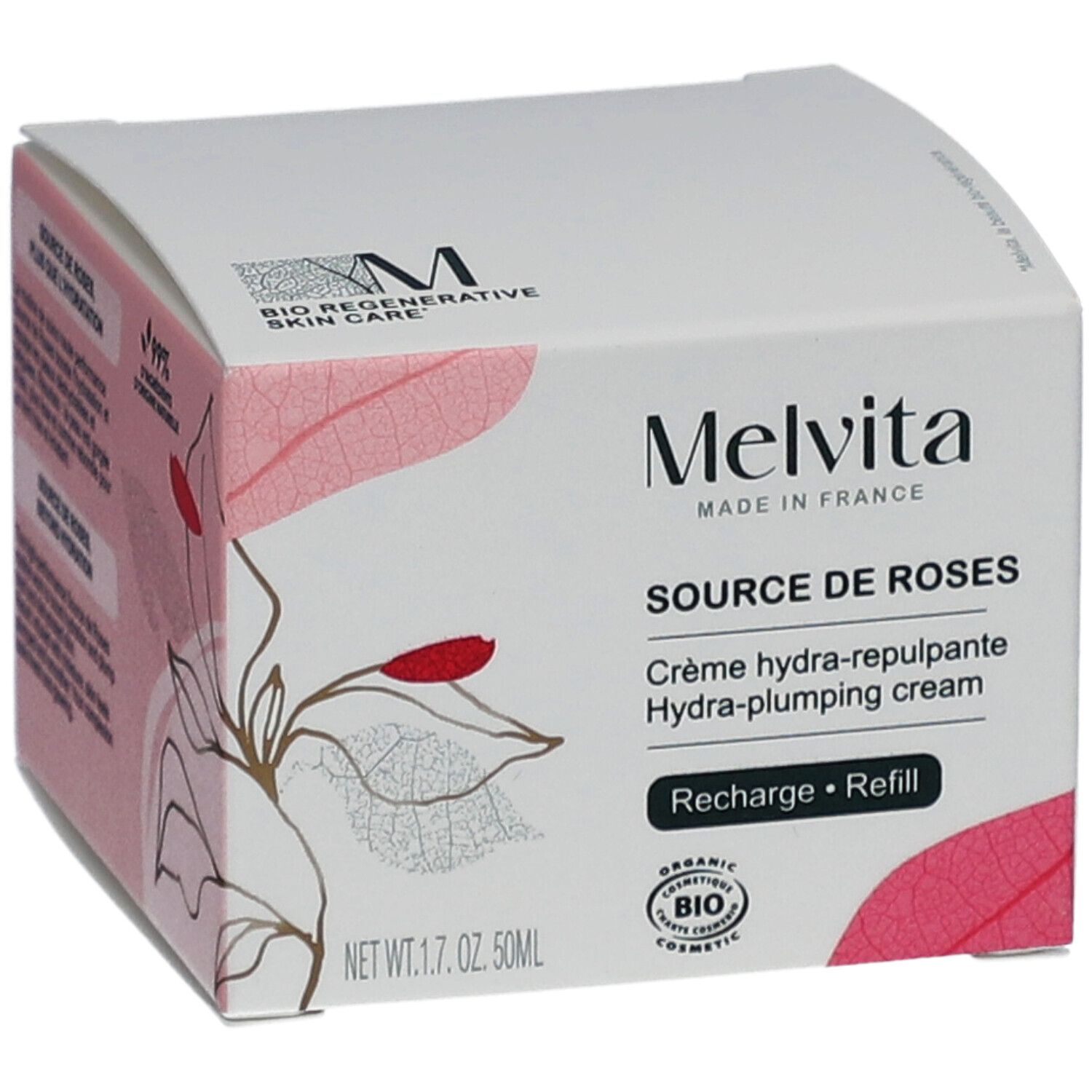 Boîte blanche avec nom et logo du produit. Contient du texte en français et un label cosmétique bio.