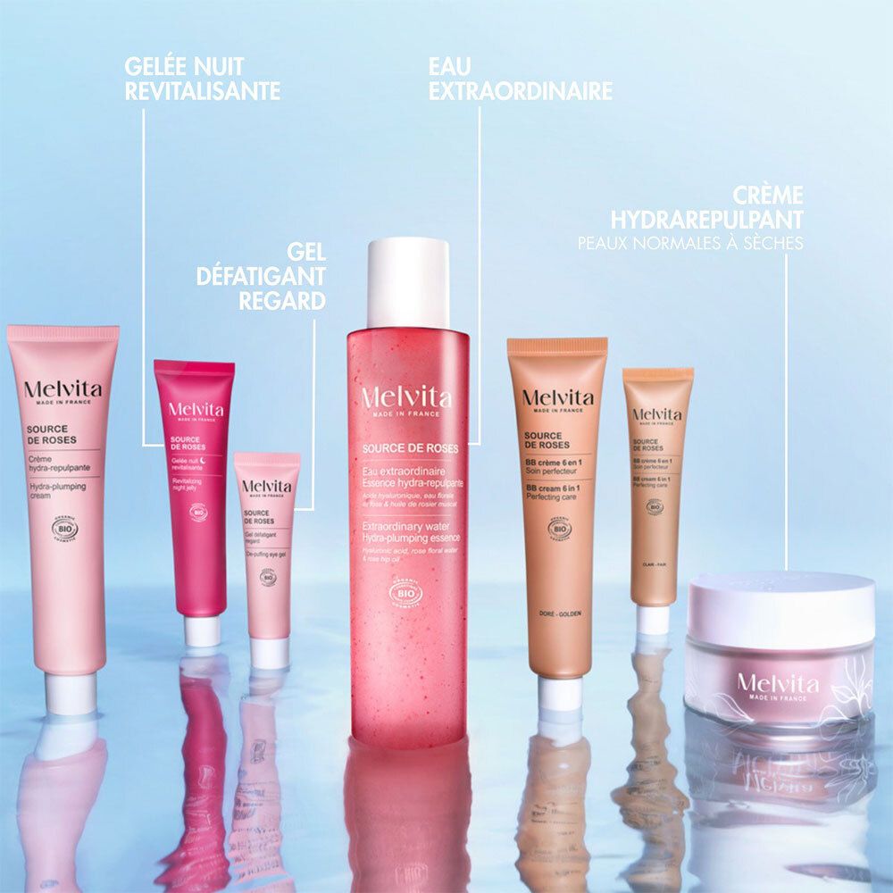 Verschiedene Melvita Produkte. Gelée Nuit Revitalisante, Gel Défatigant Regard, Eau Extraordinaire, Crème Hydrapulpant.