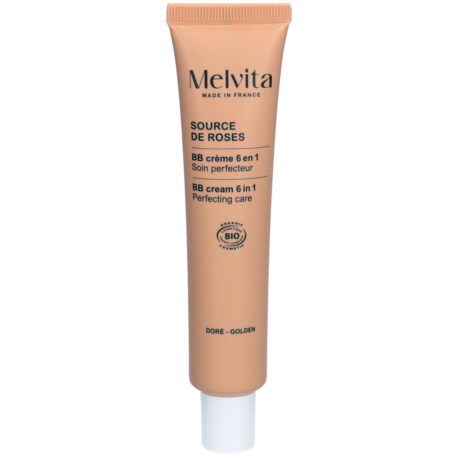 Tube beige avec bouchon blanc. Inscription: Melvita, Source de Roses, BB Crème 6 en 1, Doré-Golden.