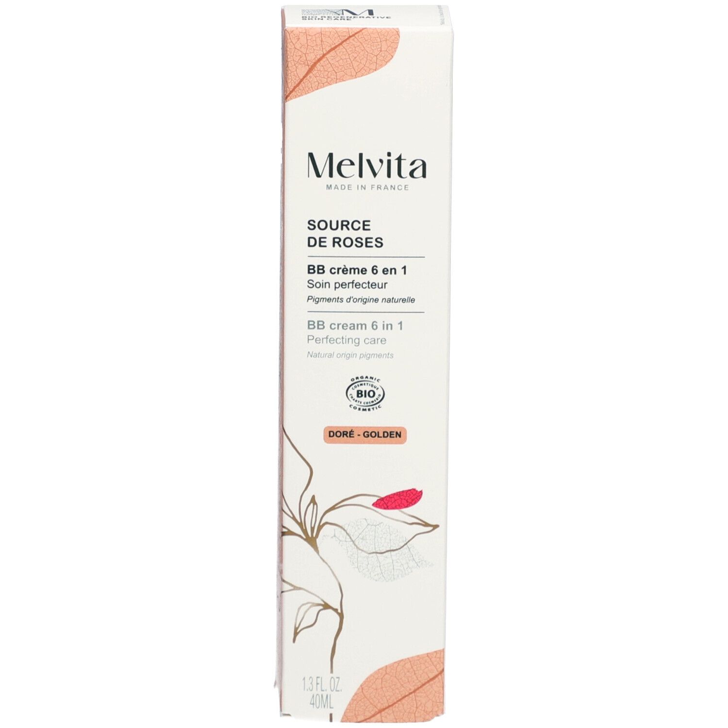 Emballage produit. Inscription: Melvita, Source de Roses, BB Crème 6 en 1, Doré-Golden, label bio.