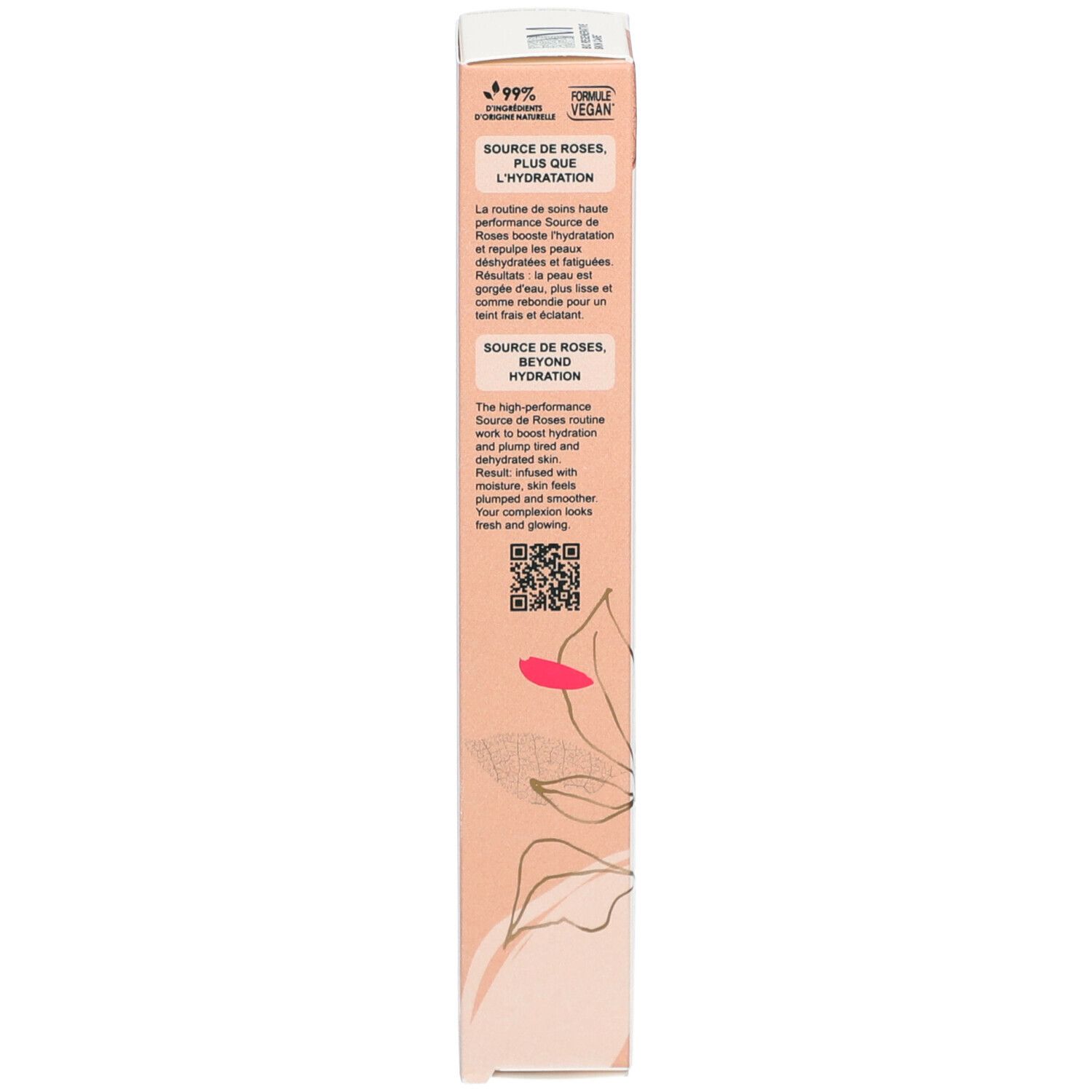 Emballage. Texte: Source de Roses, Hydratation, 99% ingrédients naturels, vegan.