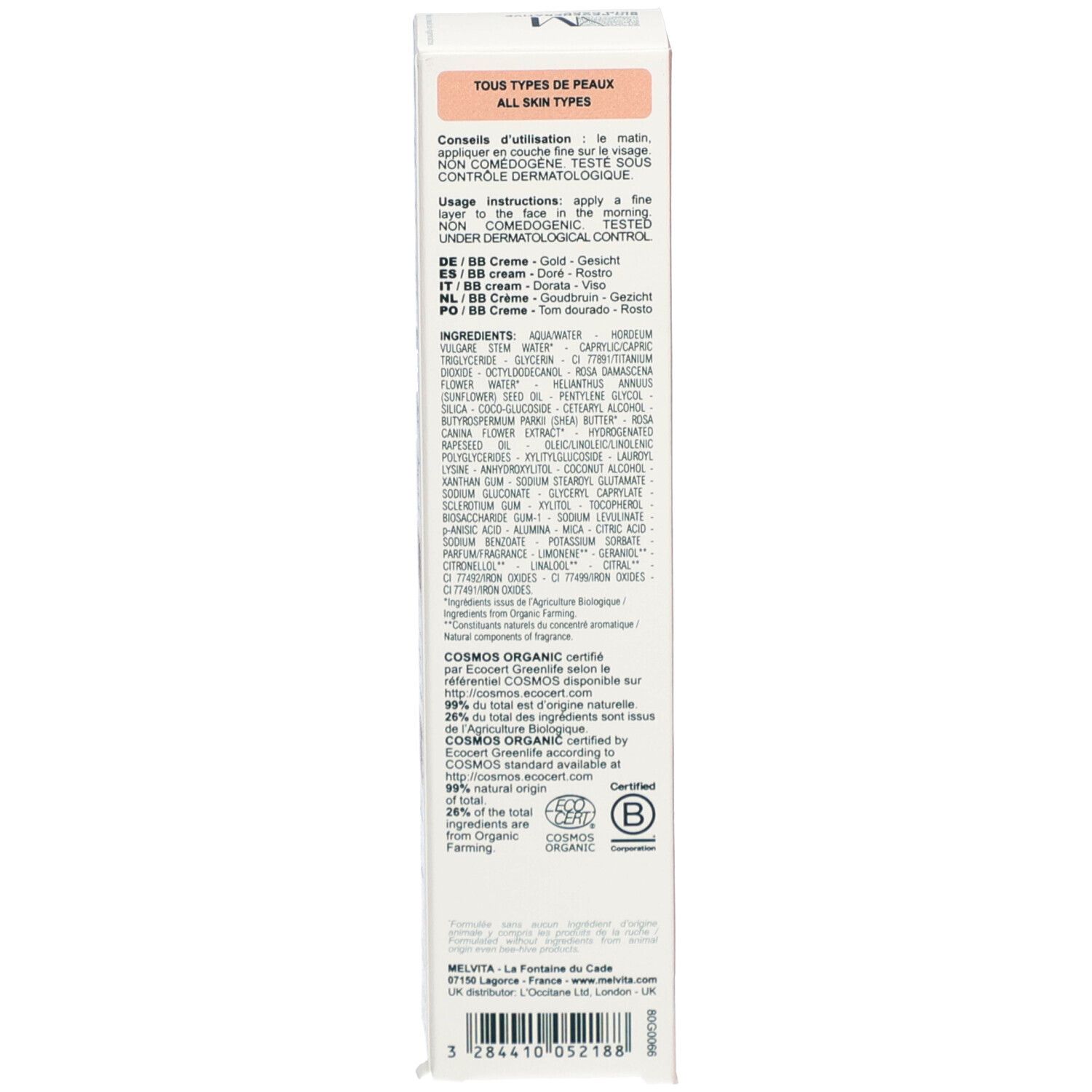 Emballage. Texte: Tous types de peaux, ingrédients, COSMOS ORGANIC, label bio.