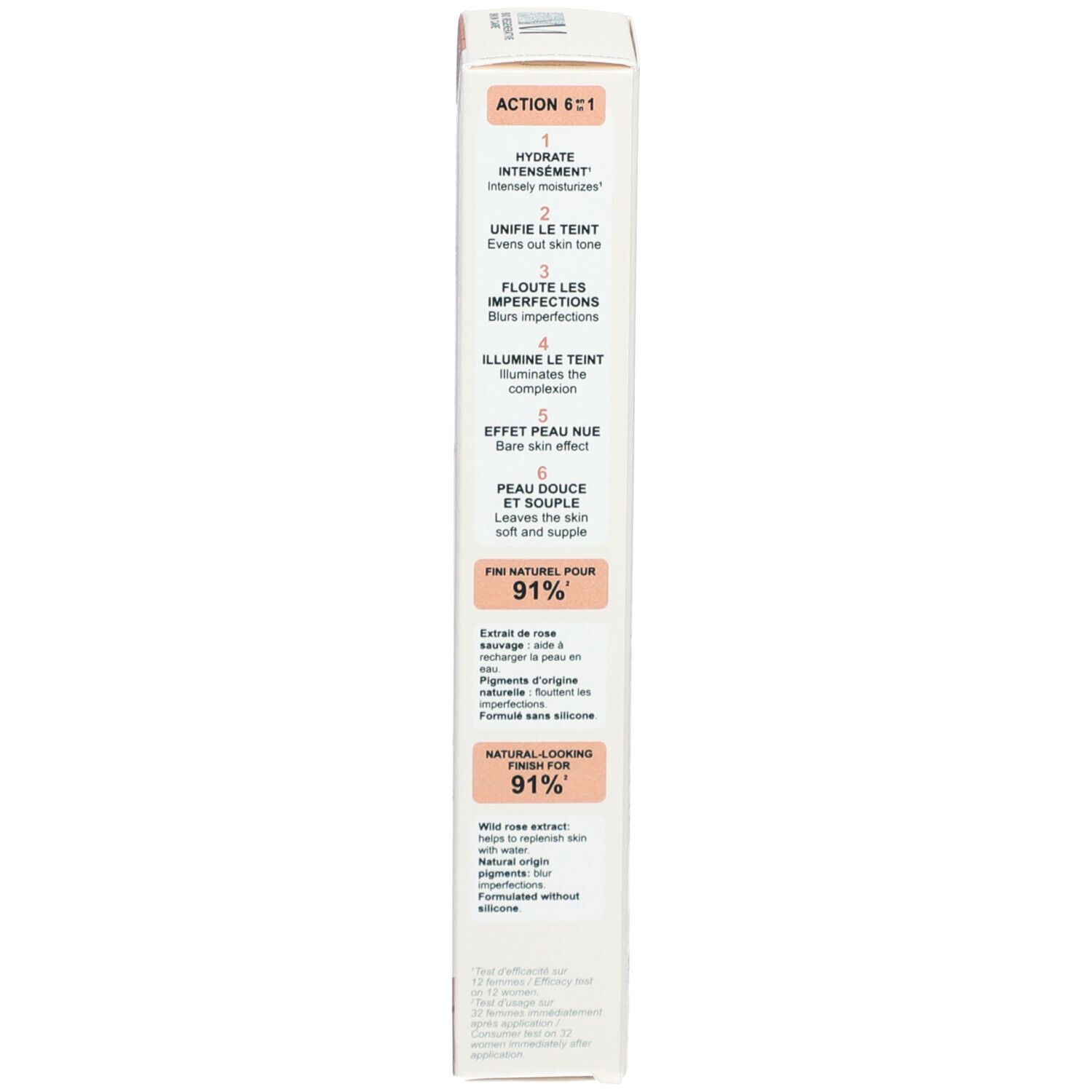 Emballage. Texte: Action 6 en 1, Hydratation, Unifie le teint, 91% ingrédients naturels.