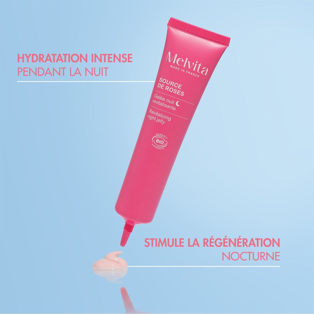 Tube Melvita Source de Roses mit abgeknickter Spitze und einer Probe des Gels.