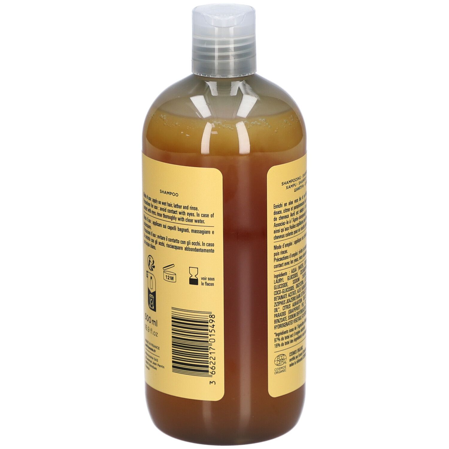 Dos du flacon de shampooing. Texte, symboles et code-barres. Certification bio. Contenance 500ml.