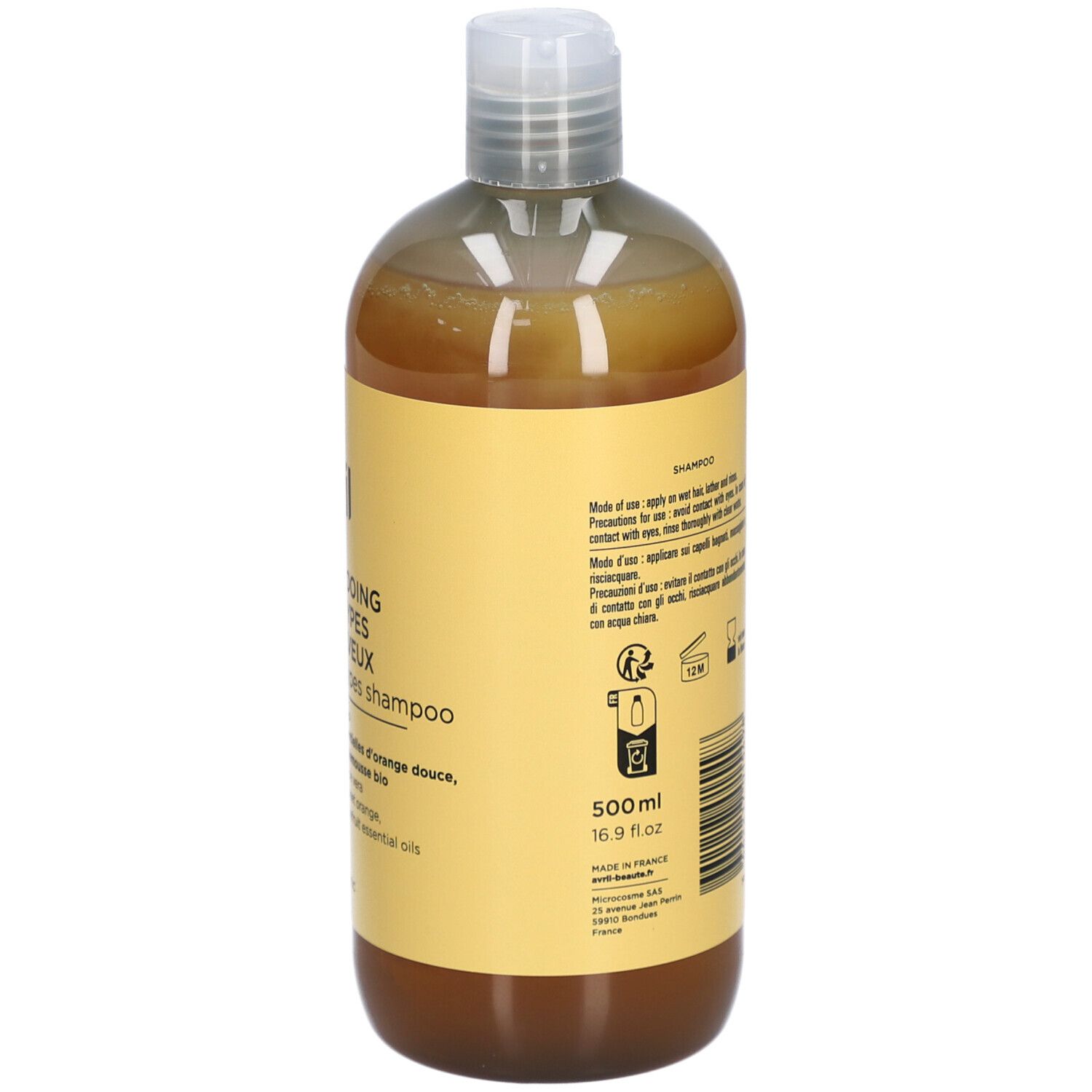 Dos du flacon de shampooing. Texte, symboles et code-barres. Certification bio. Contenance 500ml.