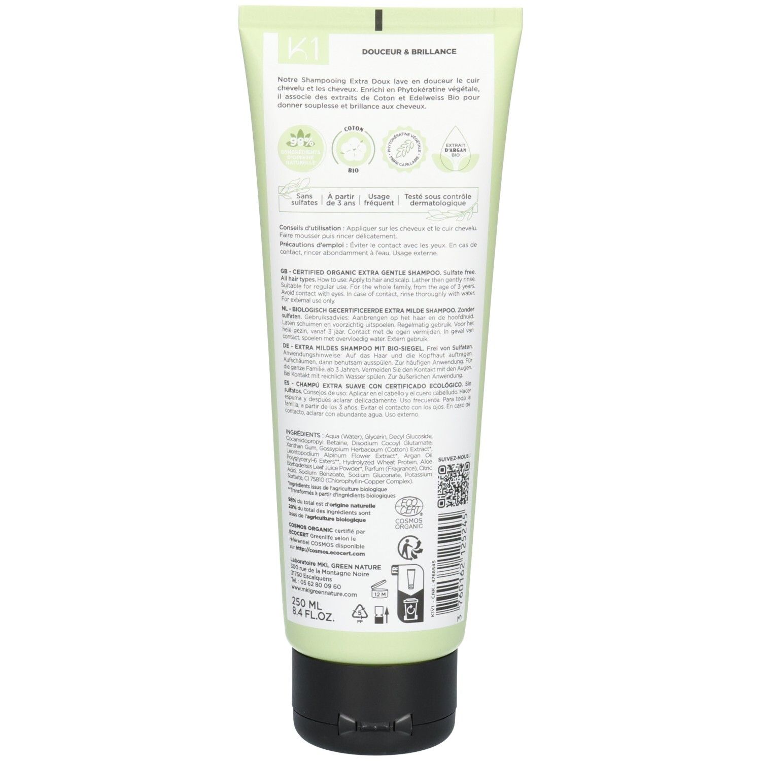 Rückseite der MKL Green Nature K1 Bio Shampoo Extra Milde Flasche mit Inhaltsstoffen und Zertifizierungen.